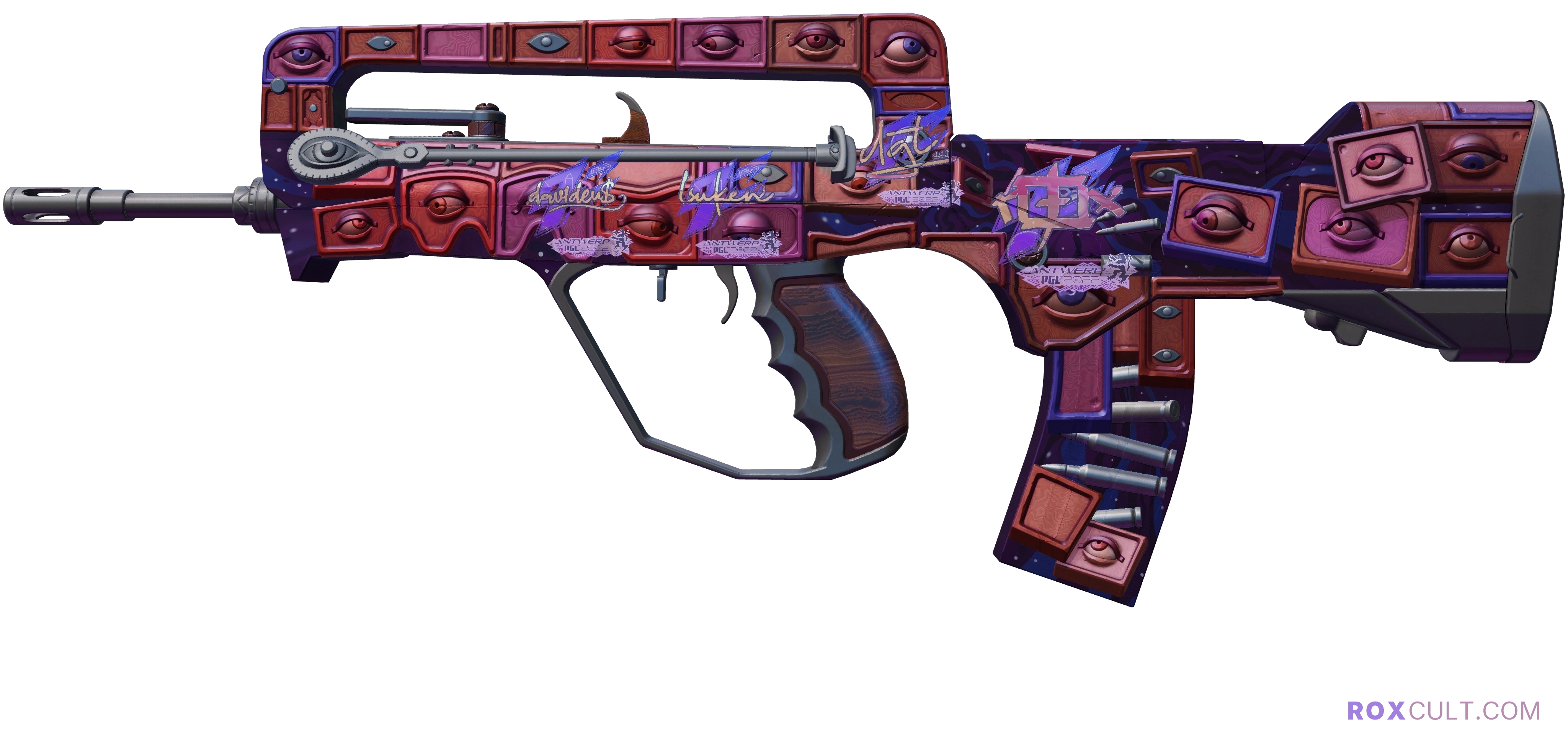 FAMAS | Rapid Eye Movement (Minimal Wear) — rox (Holo) Antwerp 2022 craft, playside view with 1 rox (Holo) sticker