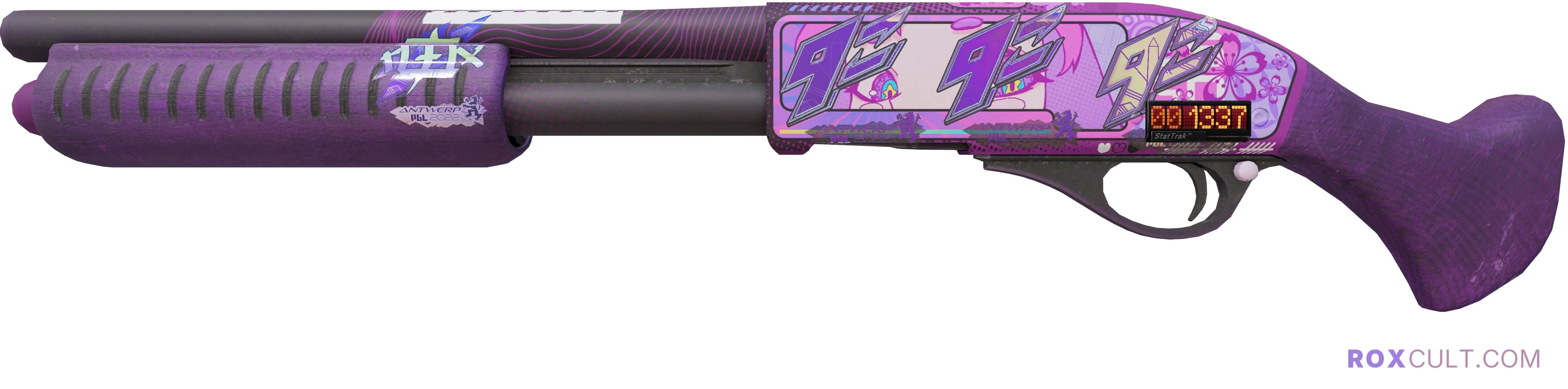 StatTrak™ Sawed-Off | Kiss♥Love (Factory New) — rox (Holo) Antwerp 2022 craft, playside view with 1 rox (Holo) sticker