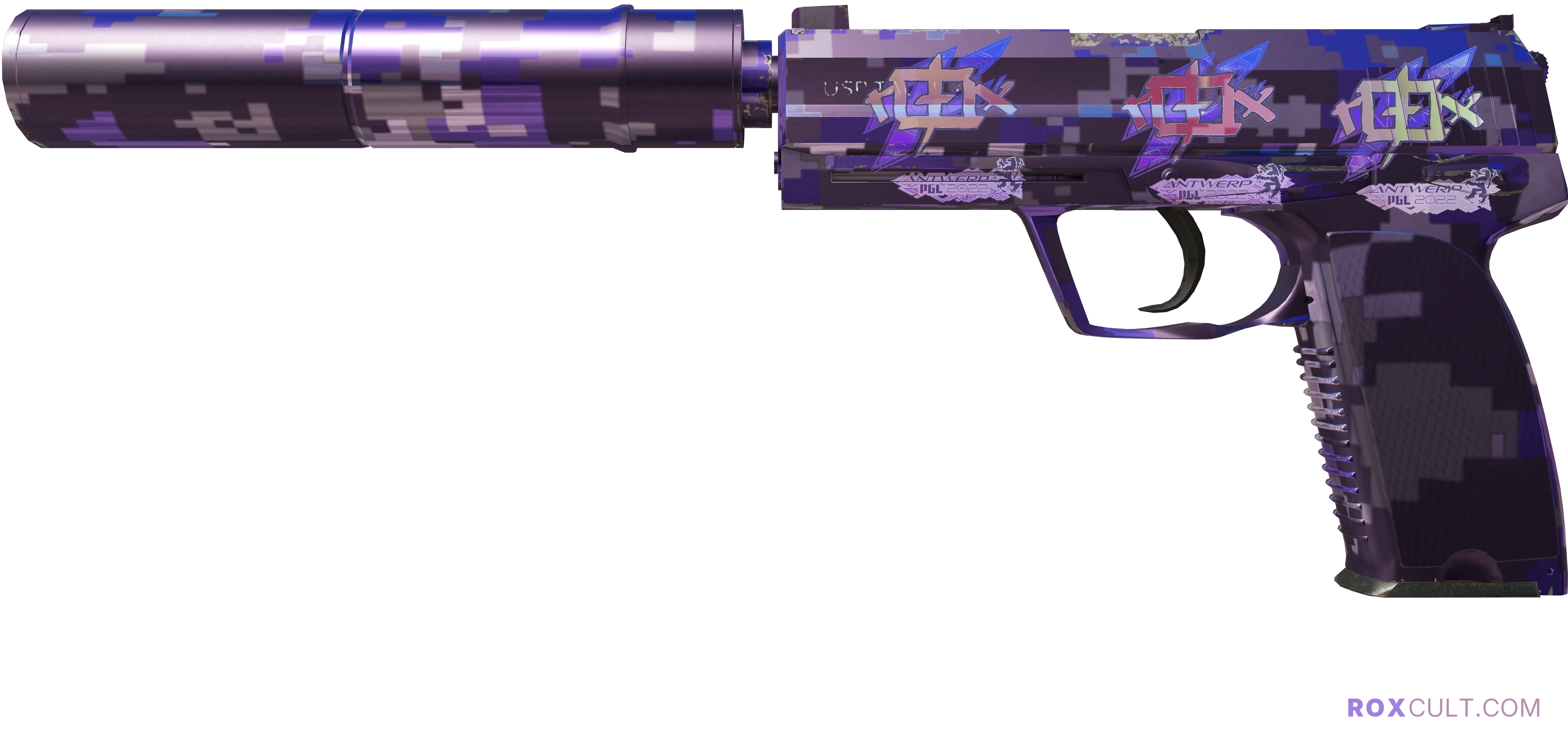 USP-S | Purple DDPAT (Factory New) — rox (Holo) Antwerp 2022 craft, playside view with 3 rox (Holo) stickers