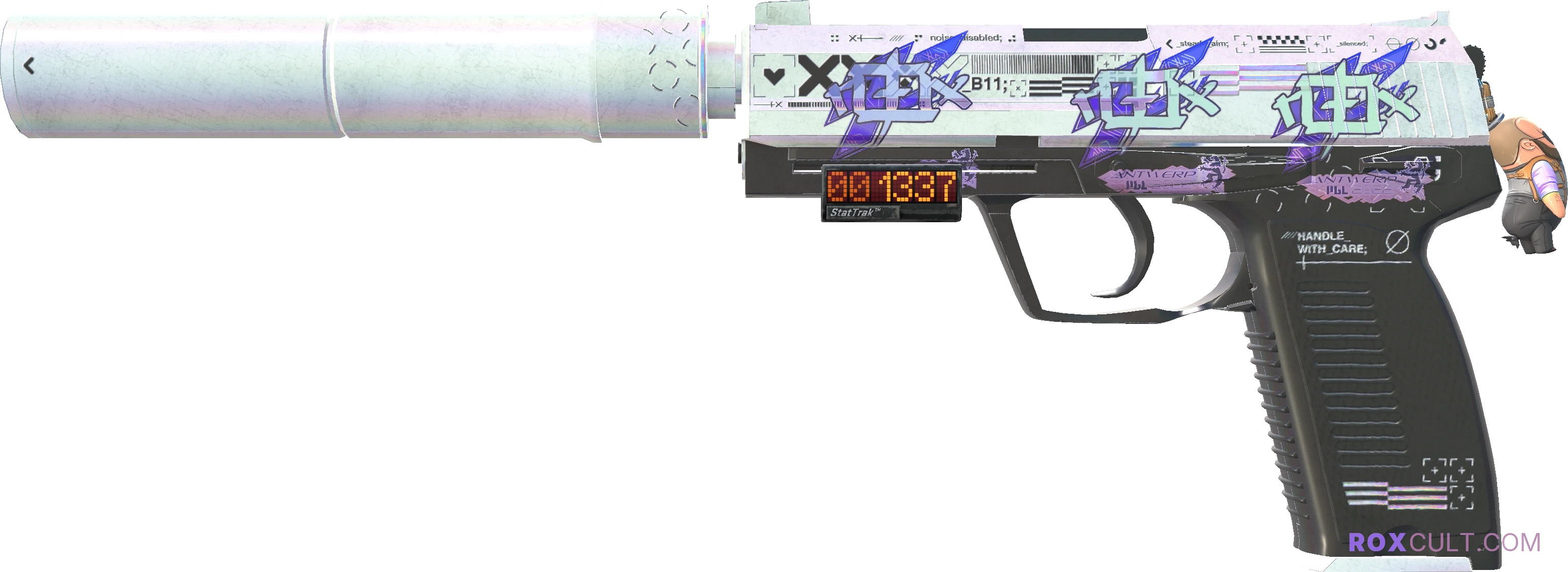 StatTrak™ USP-S | Printstream (Field-Tested) — rox (Holo) Antwerp 2022 craft, playside view with 3 rox (Holo) stickers