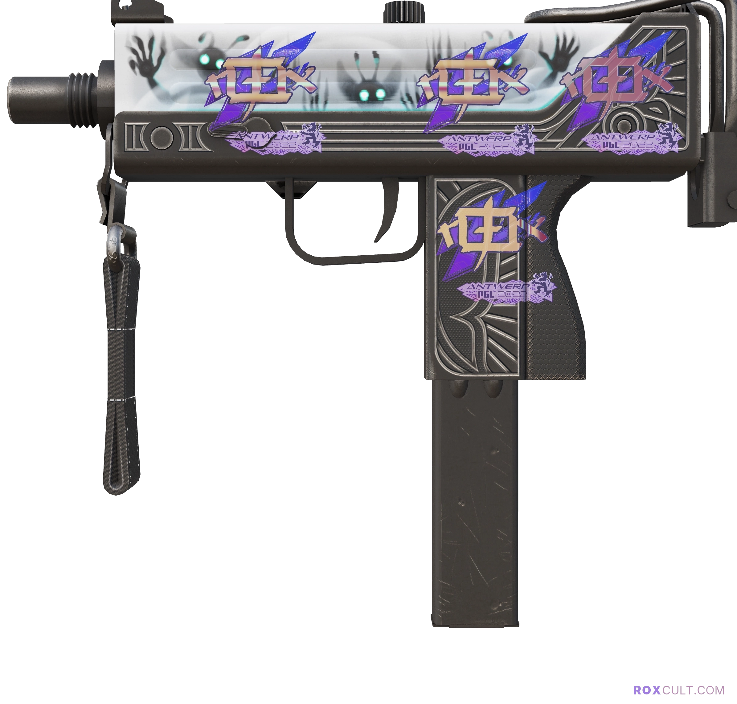 MAC-10 | Ensnared (Factory New) — rox (Holo) Antwerp 2022 craft, playside view with 4 rox (Holo) stickers