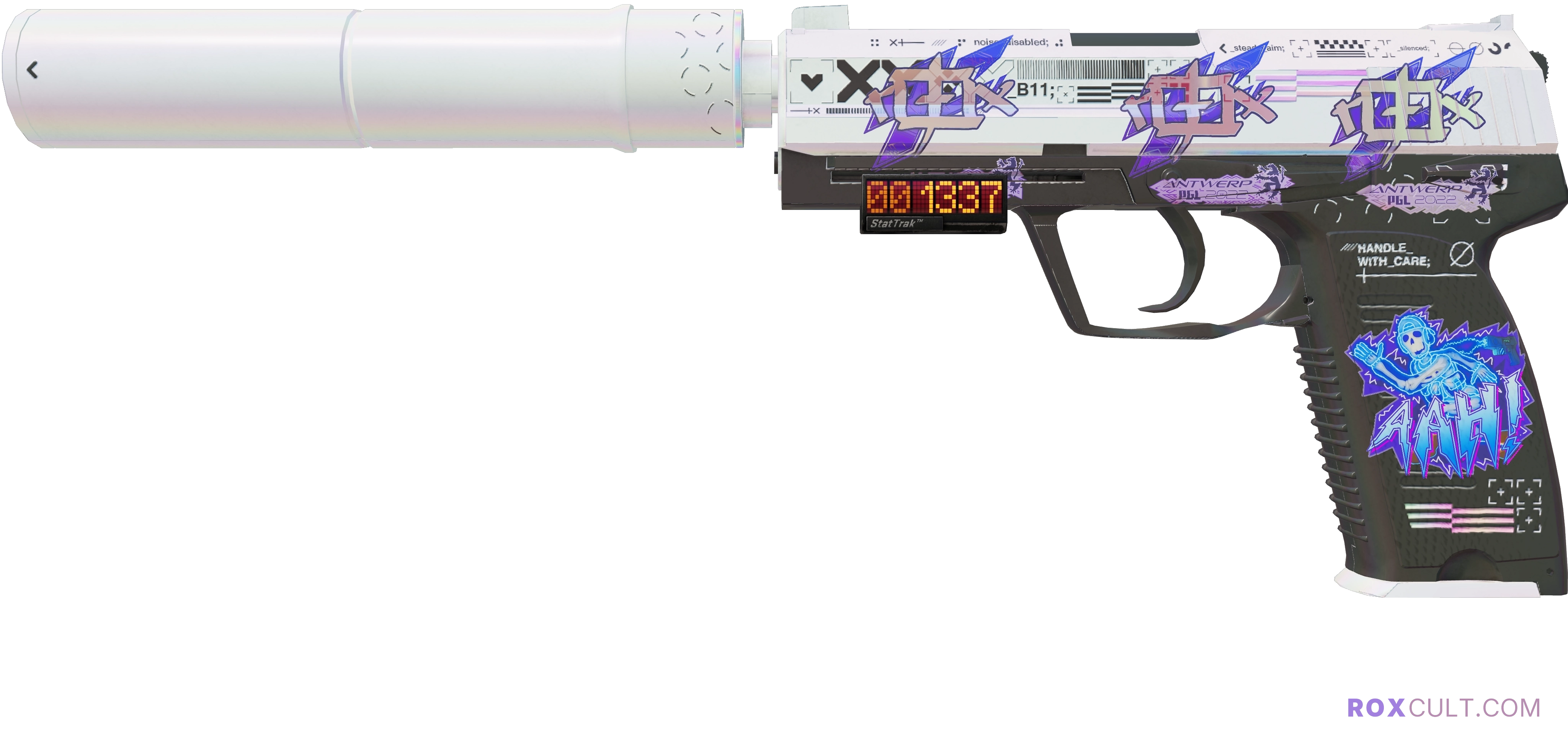 StatTrak™ USP-S | Printstream (Factory New) — rox (Holo) Antwerp 2022 craft, playside view with 3 rox (Holo) stickers