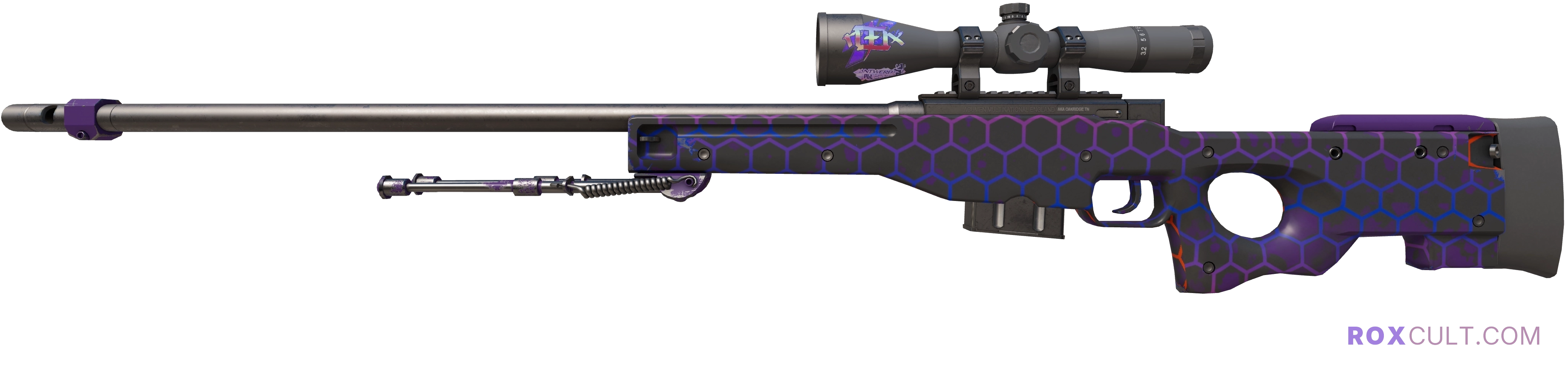 AWP | Electric Hive (Factory New) — rox (Holo) Antwerp 2022 craft, playside view with 1 rox (Holo) sticker