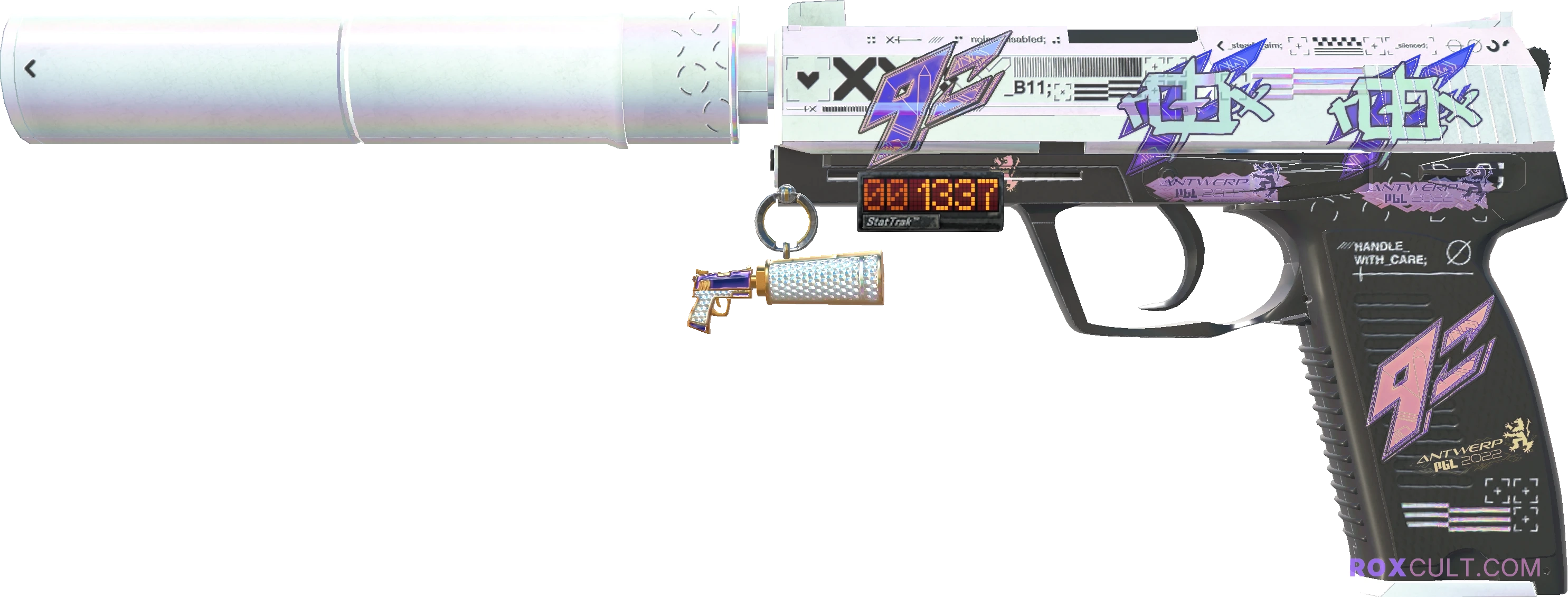 StatTrak™ USP-S | Printstream (Minimal Wear) — rox (Holo) Antwerp 2022 craft, playside view with 2 rox (Holo) stickers