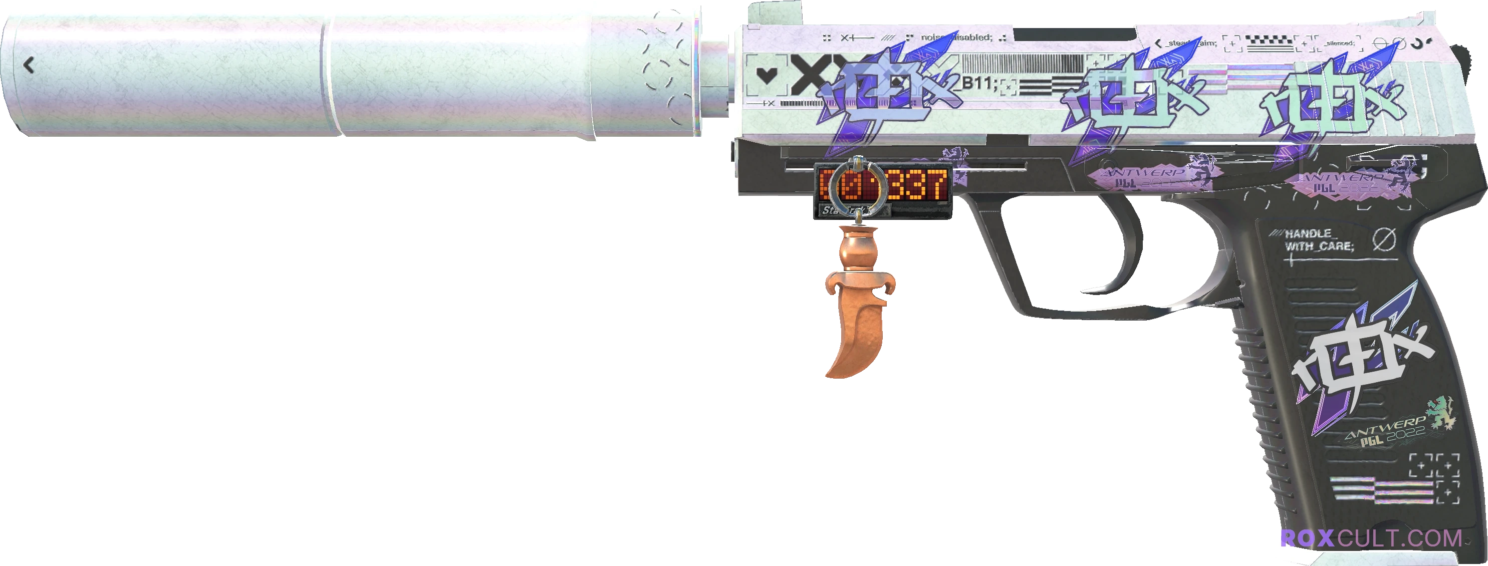 StatTrak™ USP-S | Printstream (Field-Tested) — rox (Holo) Antwerp 2022 craft, playside view with 3 rox (Holo) stickers