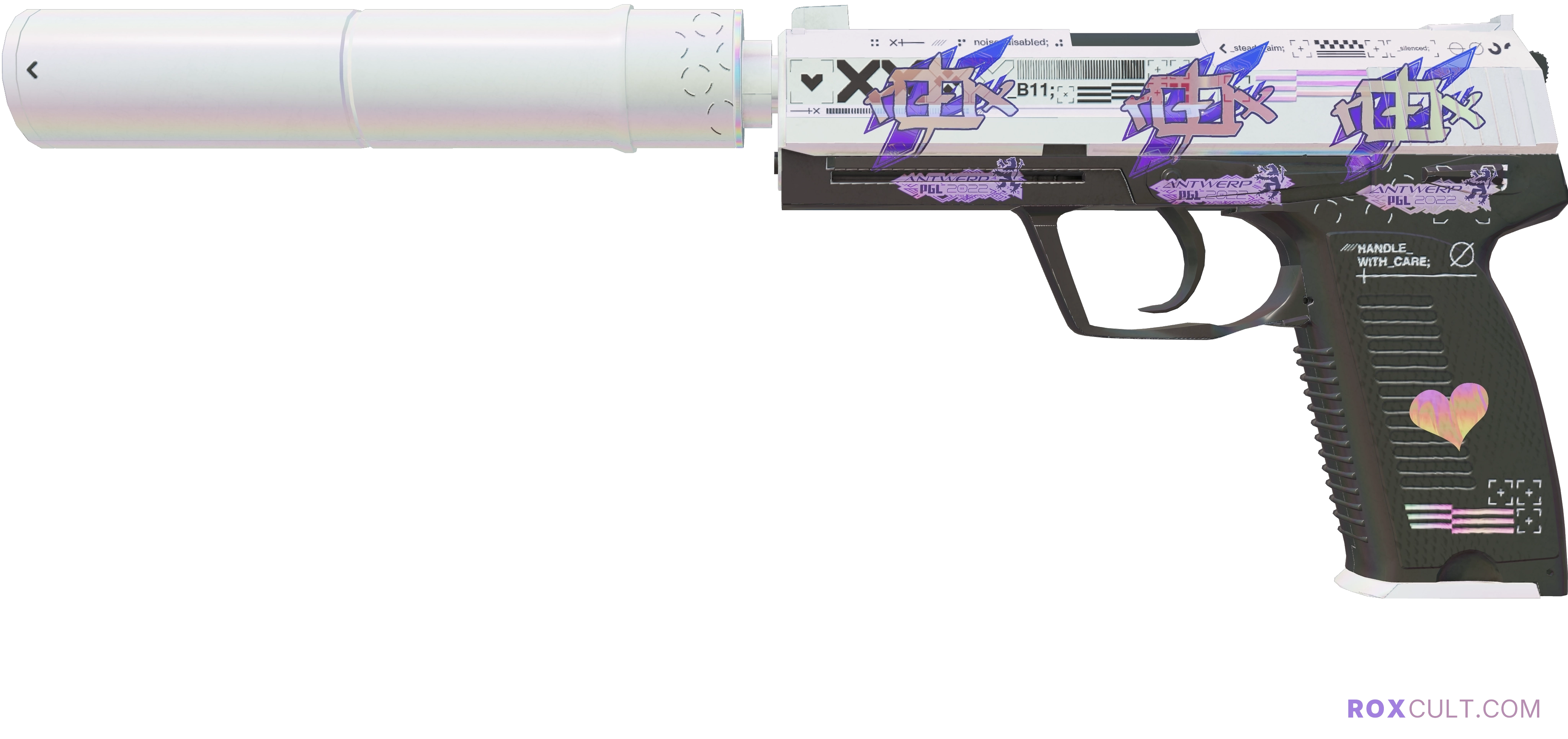 USP-S | Printstream (Minimal Wear) — rox (Holo) Antwerp 2022 craft, playside view with 3 rox (Holo) stickers