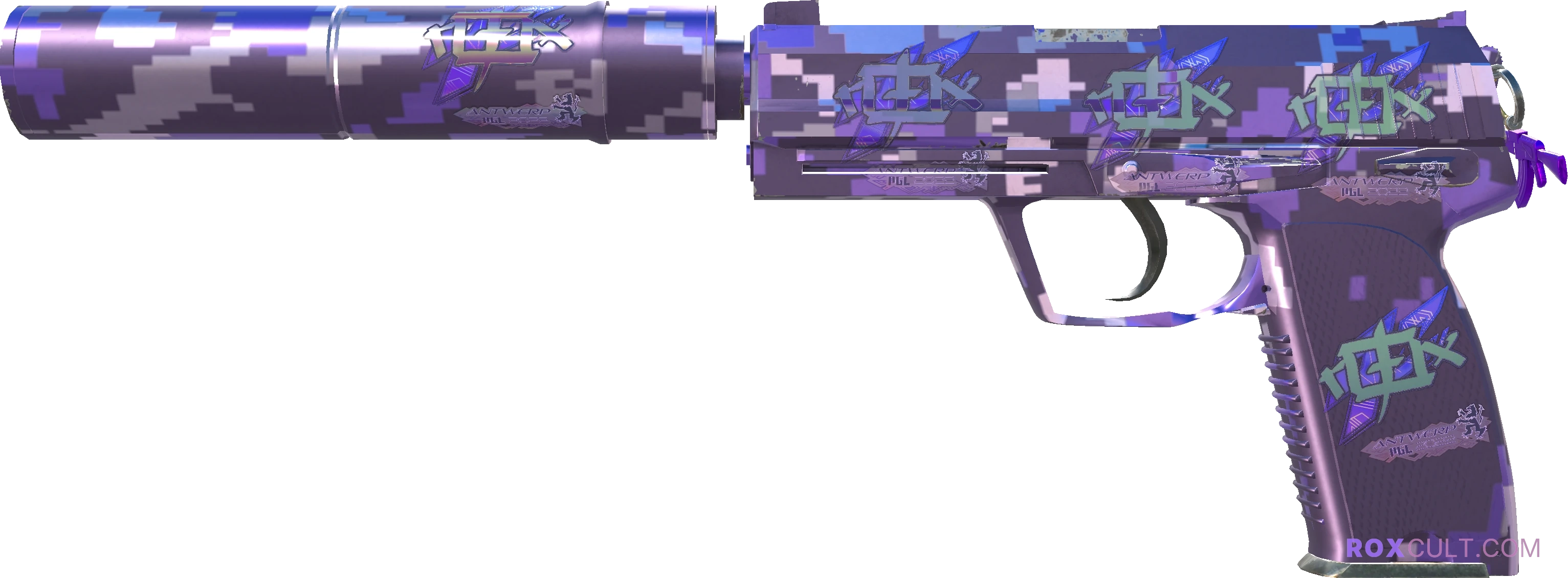 USP-S | Purple DDPAT (Factory New) — rox (Holo) Antwerp 2022 craft, playside view with 5 rox (Holo) stickers