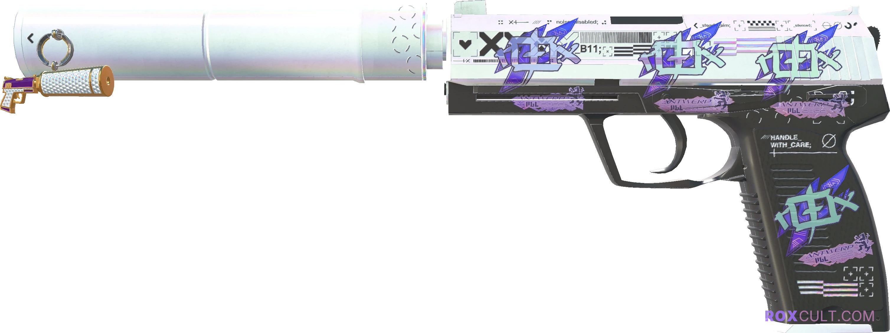 USP-S | Printstream (Factory New) — rox (Holo) Antwerp 2022 craft, playside view with 4 rox (Holo) stickers