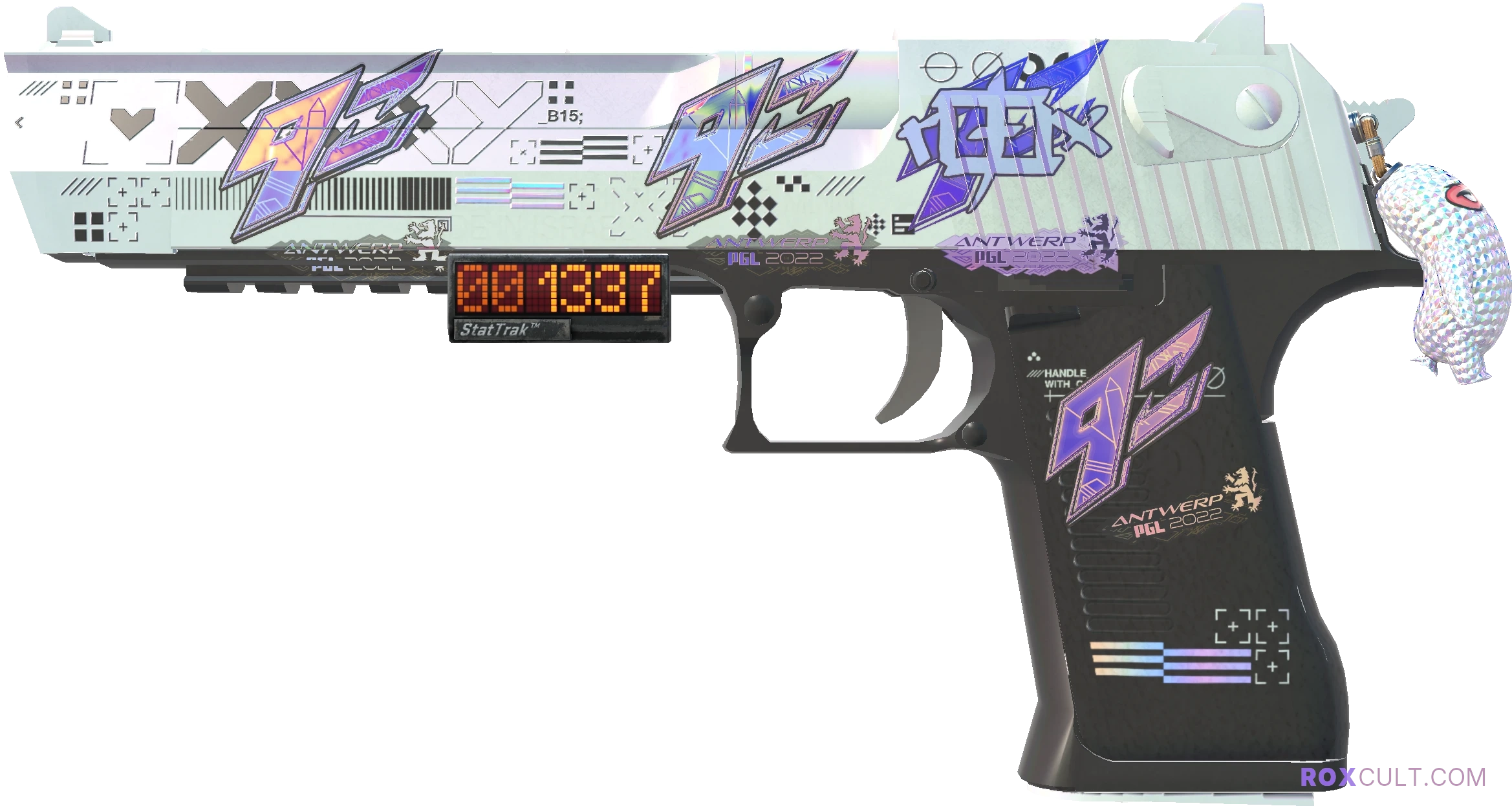 StatTrak™ Desert Eagle | Printstream (Factory New) — rox (Holo) Antwerp 2022 craft, playside view with 1 rox (Holo) sticker