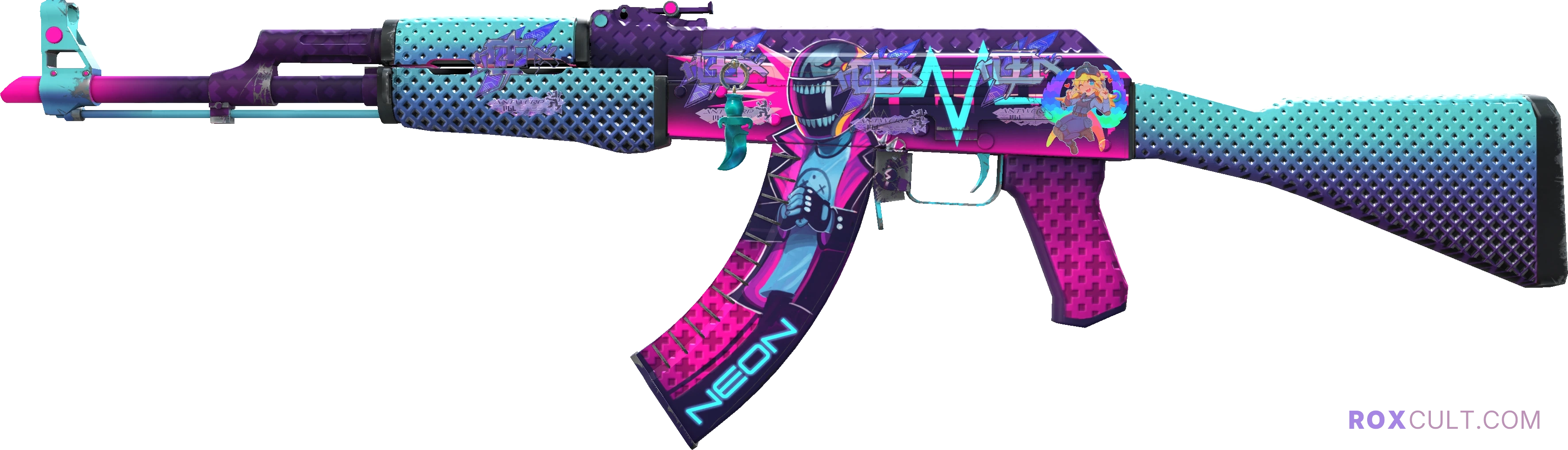 AK-47 | Neon Rider (Minimal Wear) — rox (Holo) Antwerp 2022 craft, playside view with 4 rox (Holo) stickers