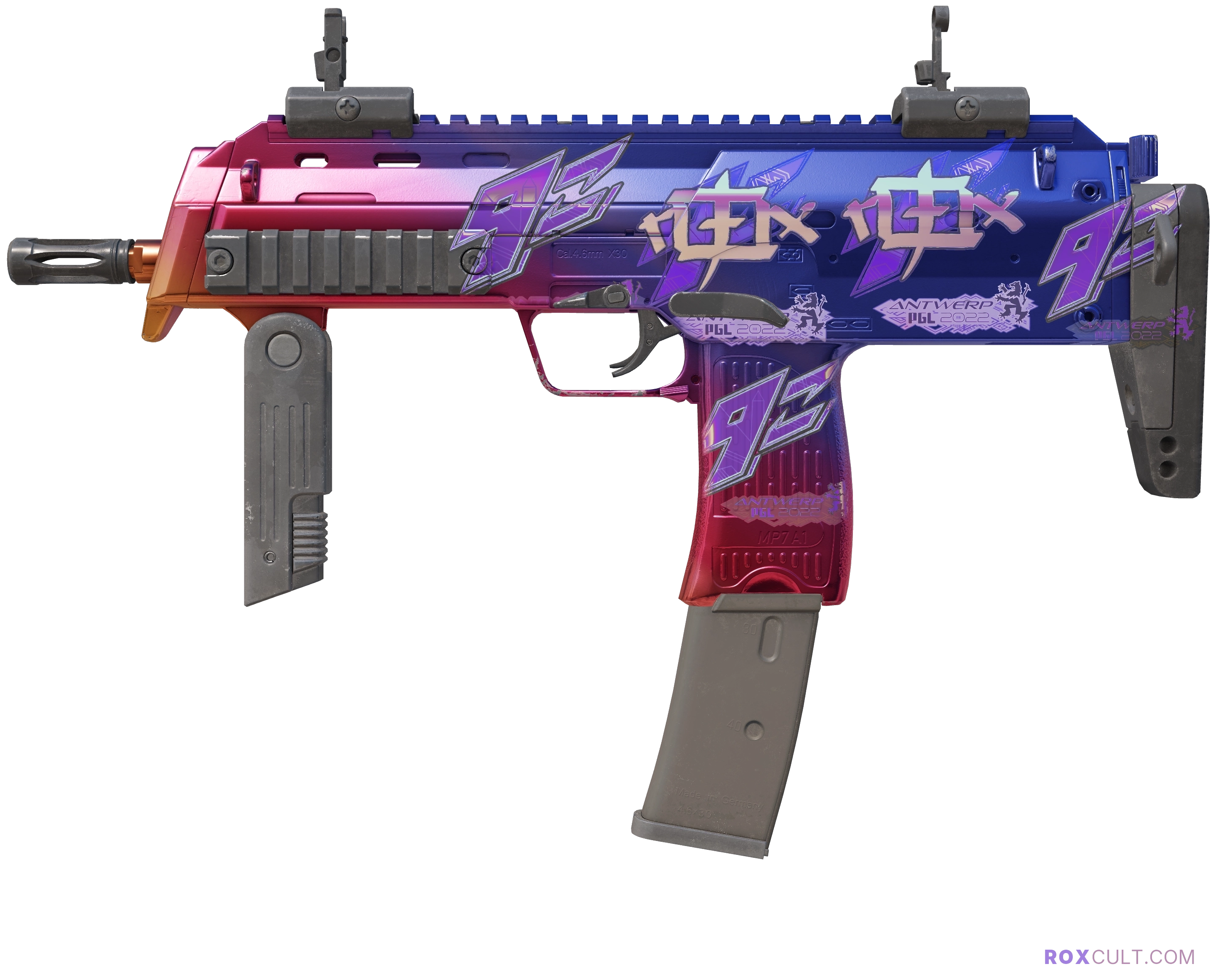 MP7 | Fade (Factory New) — rox (Holo) Antwerp 2022 craft, playside view with 2 rox (Holo) stickers
