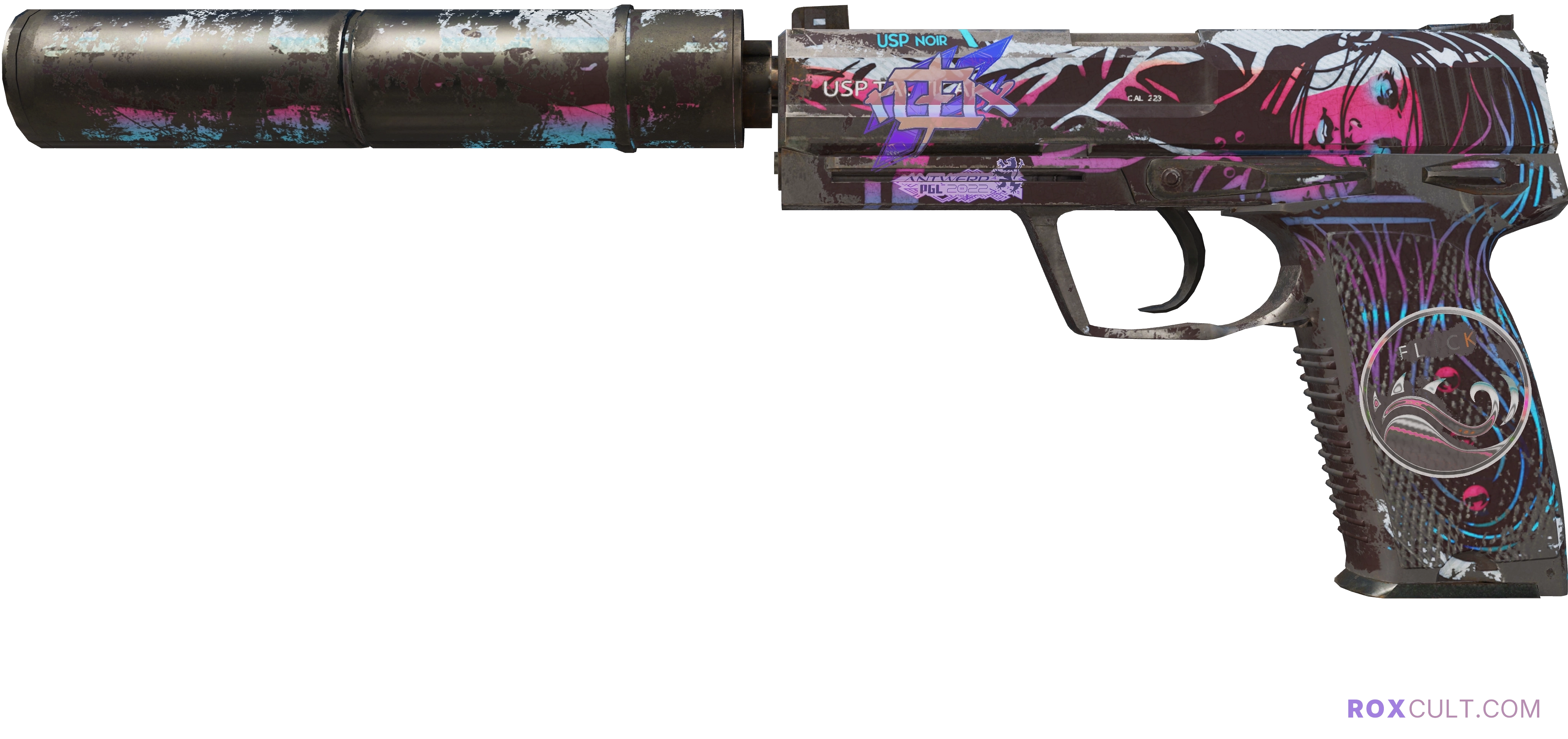 USP-S | Neo-Noir (Battle-Scarred) — rox (Holo) Antwerp 2022 craft, playside view with 1 rox (Holo) sticker