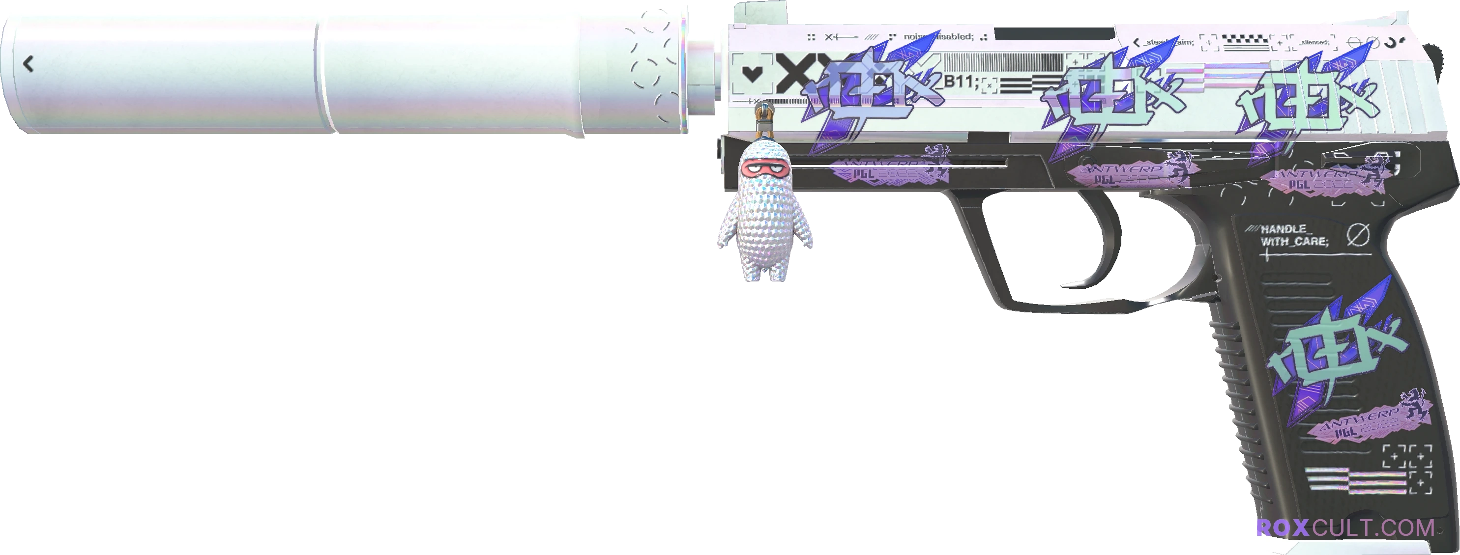USP-S | Printstream (Minimal Wear) — rox (Holo) Antwerp 2022 craft, playside view with 4 rox (Holo) stickers