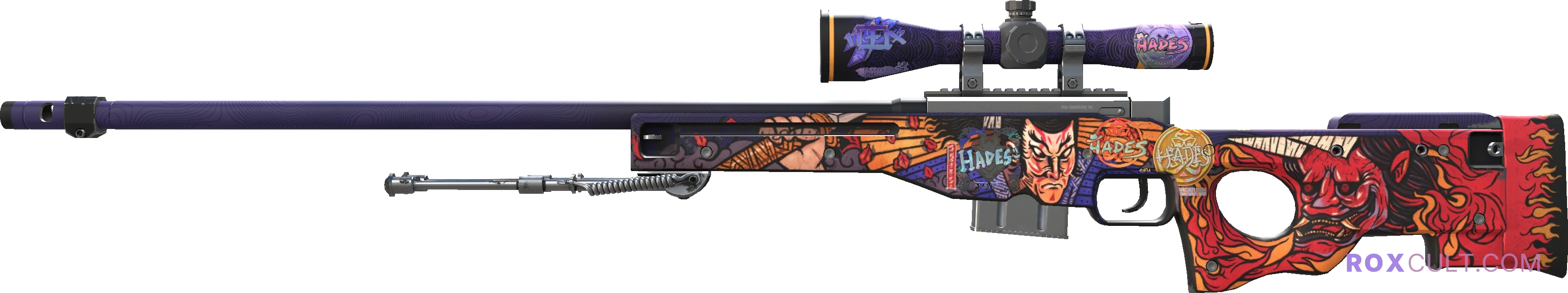 AWP | Oni Taiji (Factory New) — rox (Holo) Antwerp 2022 craft, playside view with 1 rox (Holo) sticker