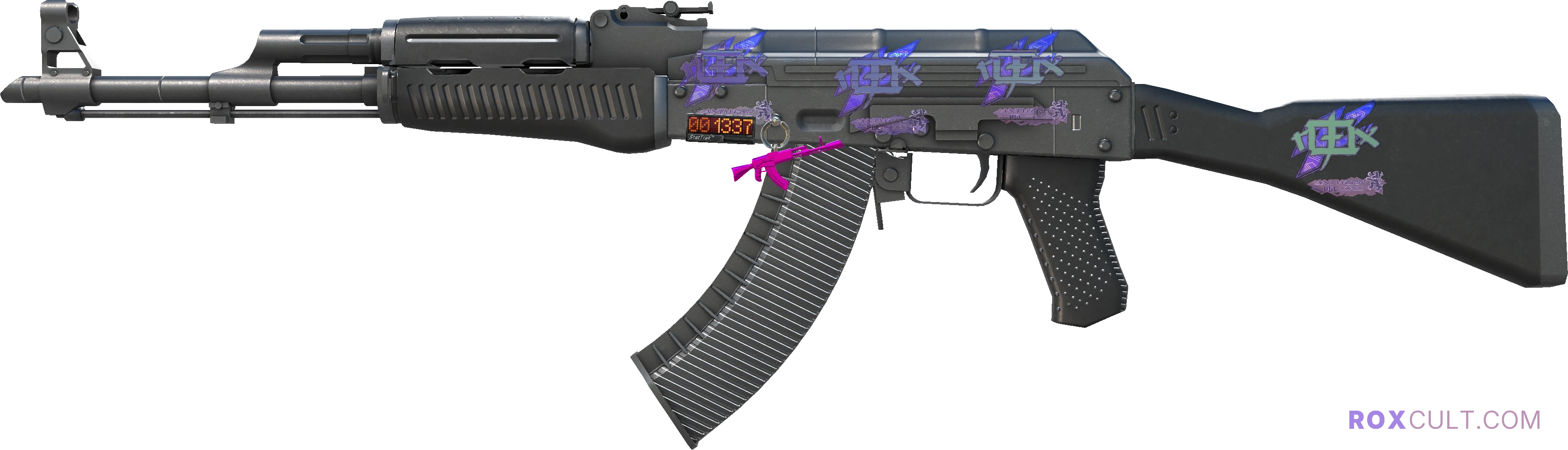 StatTrak™ AK-47 | Slate (Factory New) — rox (Holo) Antwerp 2022 craft, playside view with 4 rox (Holo) stickers