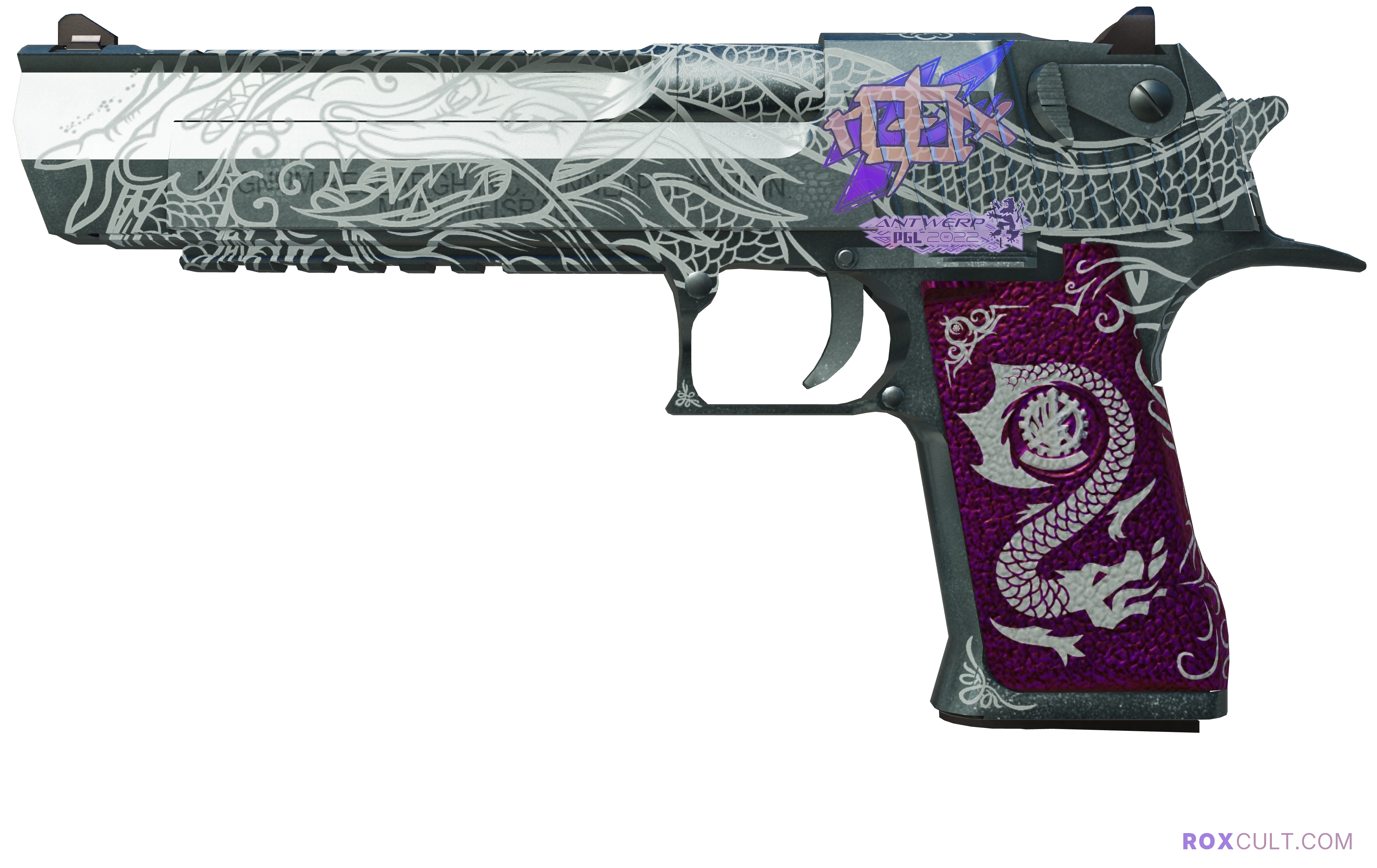 Desert Eagle | Kumicho Dragon (Factory New) — rox (Holo) Antwerp 2022 craft, playside view with 1 rox (Holo) sticker