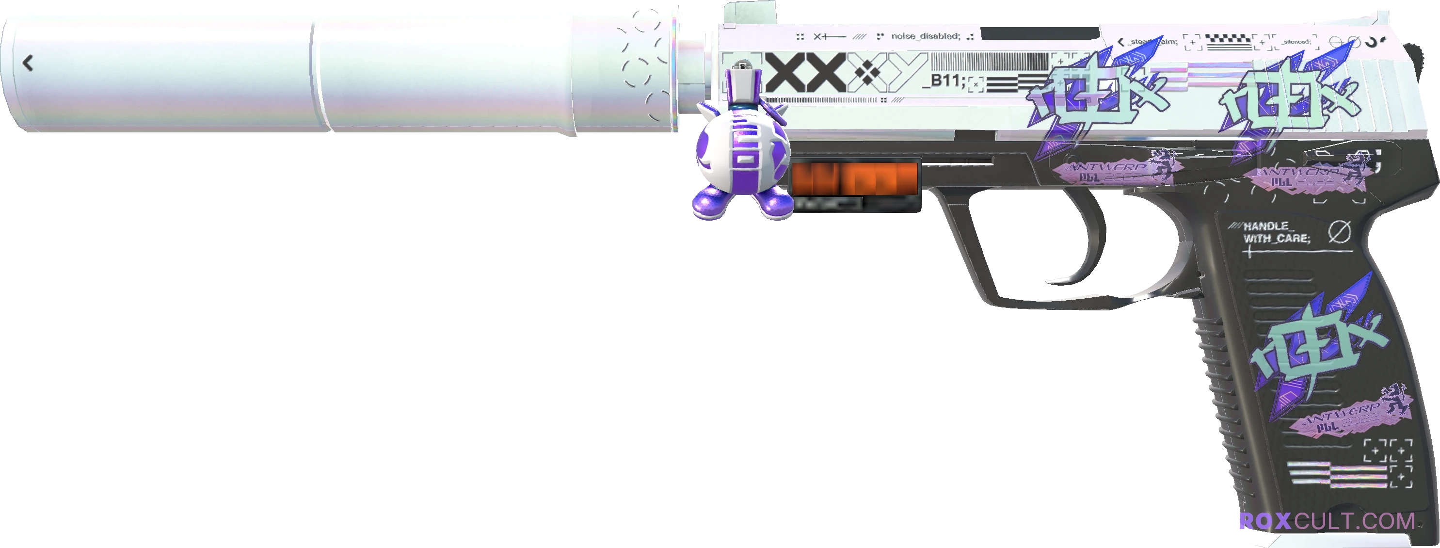 StatTrak™ USP-S | Printstream (Factory New) — rox (Holo) Antwerp 2022 craft, playside view with 3 rox (Holo) stickers