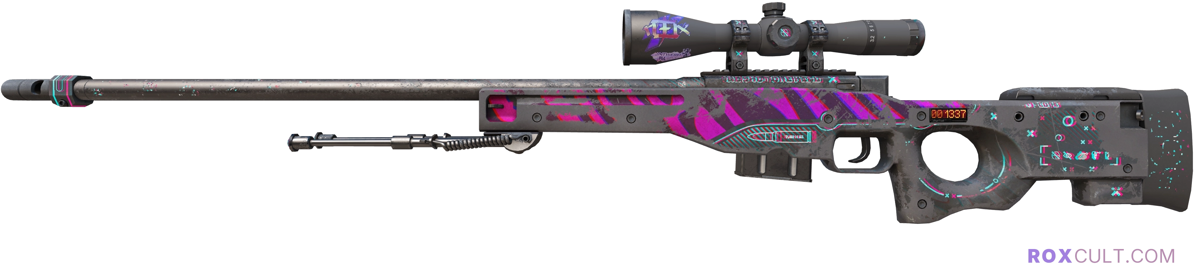 StatTrak™ AWP | Chromatic Aberration (Battle-Scarred) — rox (Holo) Antwerp 2022 craft, playside view with 1 rox (Holo) sticker