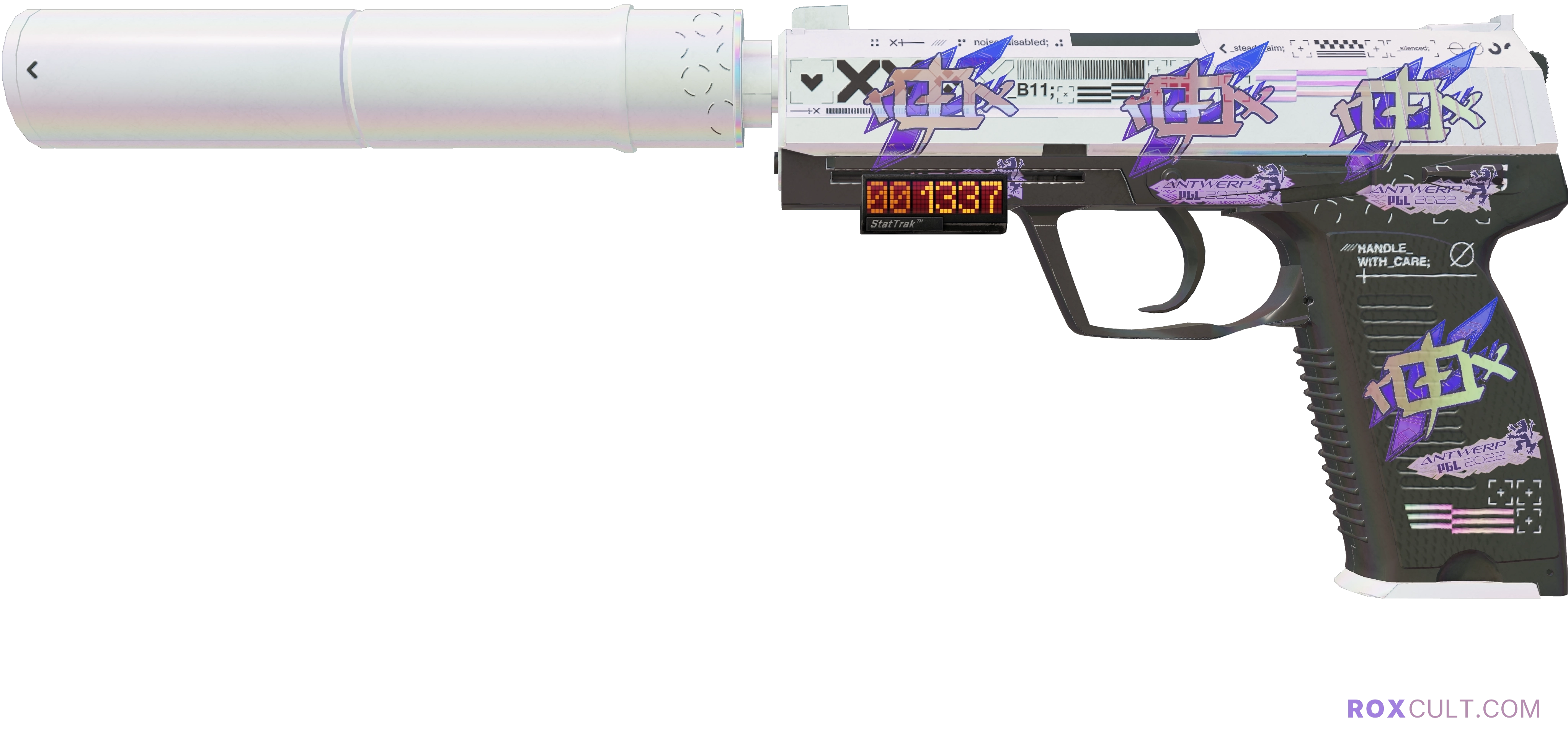 StatTrak™ USP-S | Printstream (Minimal Wear) — rox (Holo) Antwerp 2022 craft, playside view with 4 rox (Holo) stickers