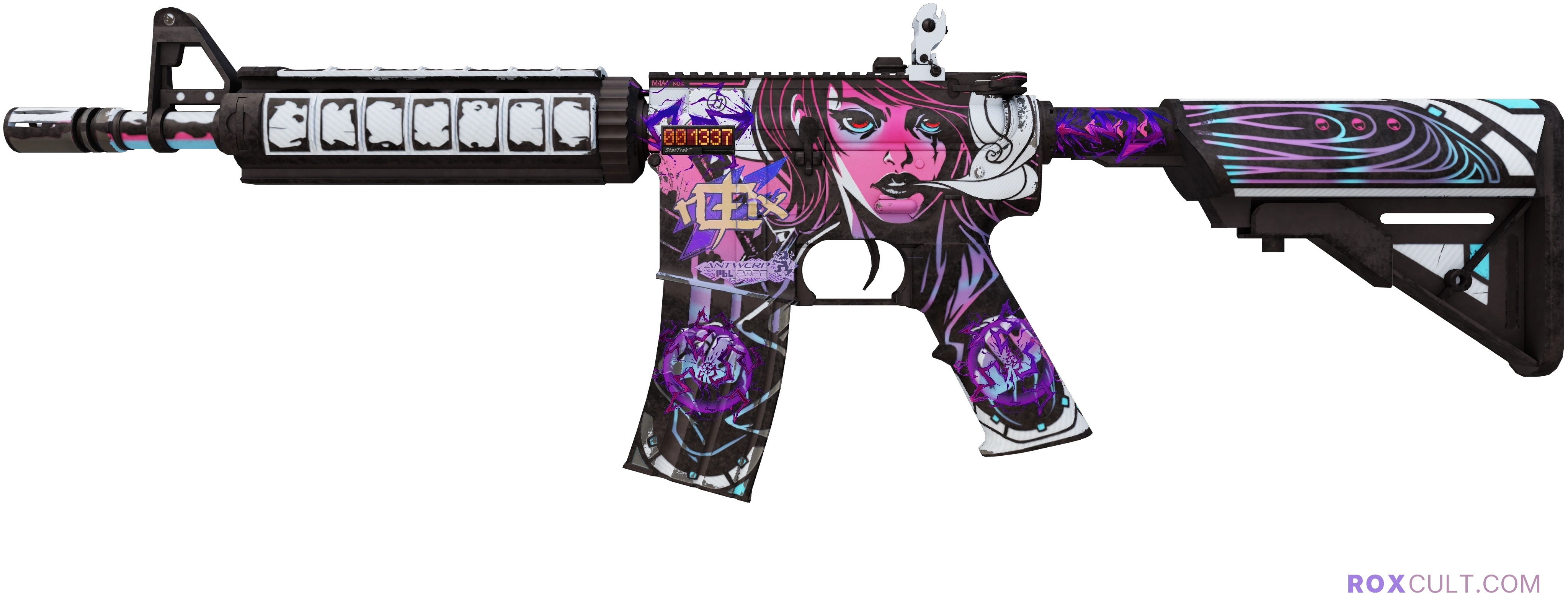 StatTrak™ M4A4 | Neo-Noir (Minimal Wear) — rox (Holo) Antwerp 2022 craft, playside view with 1 rox (Holo) sticker