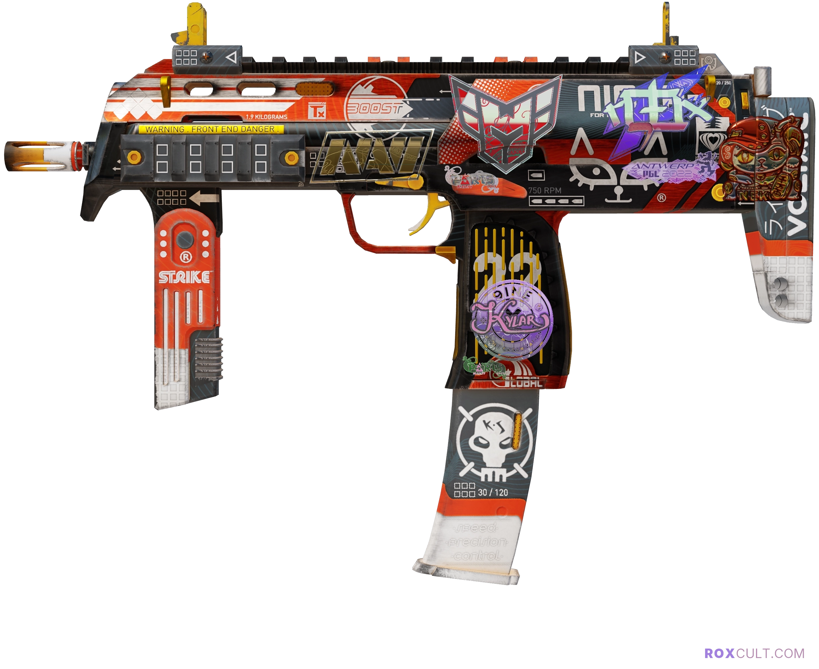 MP7 | Bloodsport (Factory New) — rox (Holo) Antwerp 2022 craft, playside view with 1 rox (Holo) sticker