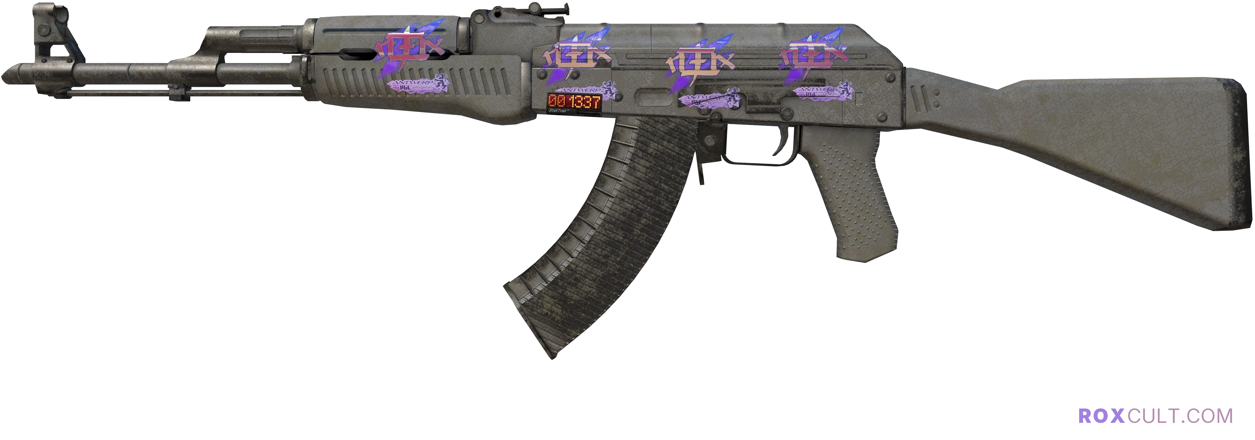 StatTrak™ AK-47 | Slate (Battle-Scarred) — rox (Holo) Antwerp 2022 craft, playside view with 4 rox (Holo) stickers