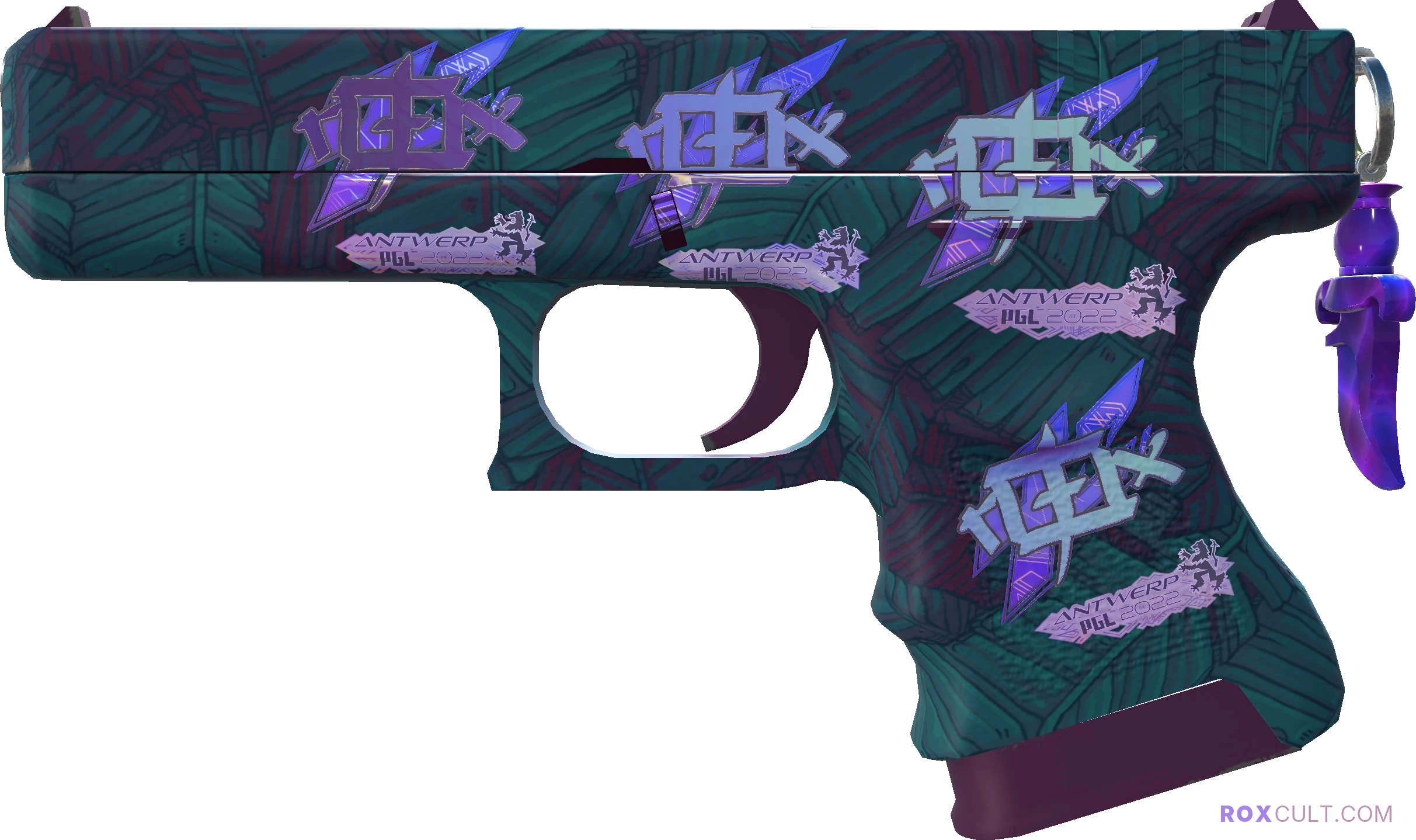 Glock-18 | Synth Leaf (Factory New) — rox (Holo) Antwerp 2022 craft, playside view with 4 rox (Holo) stickers