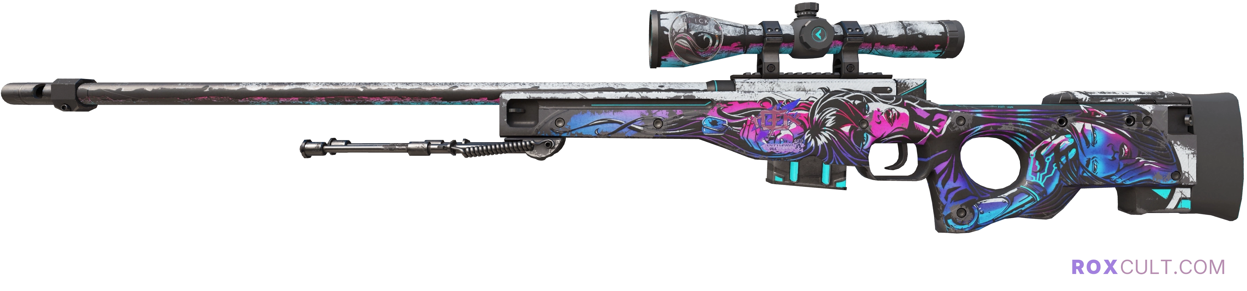 AWP | Neo-Noir (Battle-Scarred) — rox (Holo) Antwerp 2022 craft, playside view with 1 rox (Holo) sticker