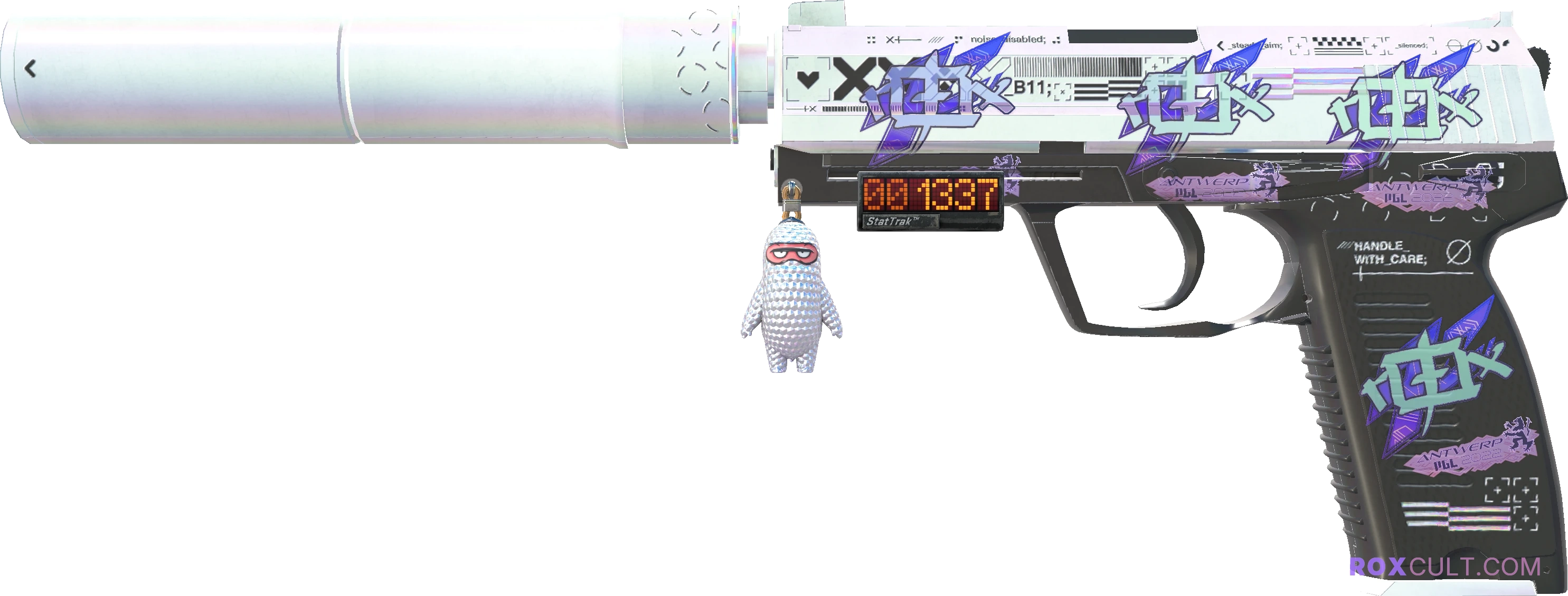 StatTrak™ USP-S | Printstream (Minimal Wear) — rox (Holo) Antwerp 2022 craft, playside view with 4 rox (Holo) stickers