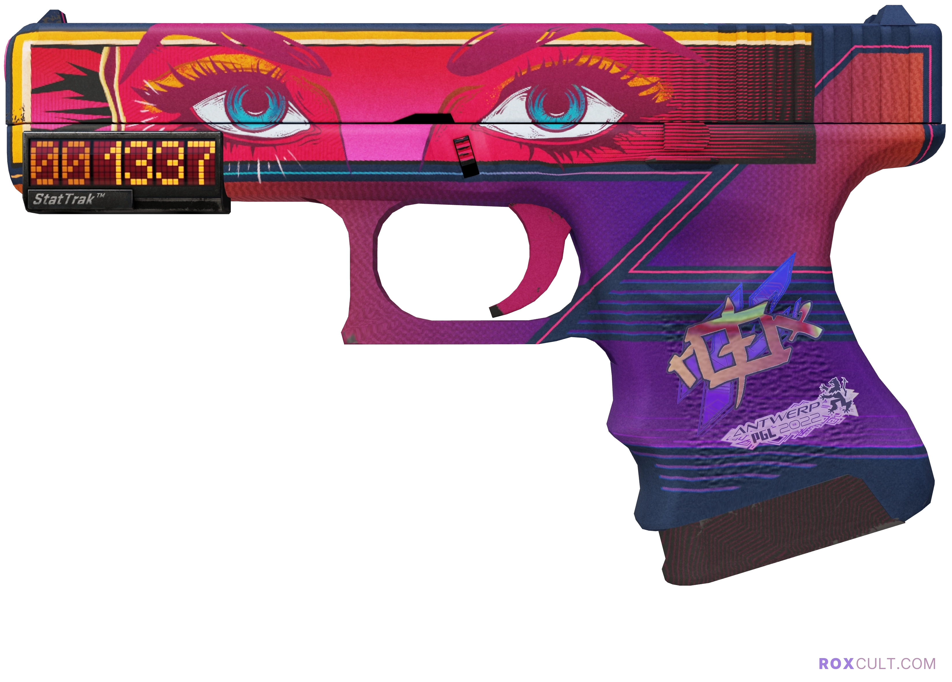 StatTrak™ Glock-18 | Vogue (Factory New) — rox (Holo) Antwerp 2022 craft, playside view with 1 rox (Holo) sticker