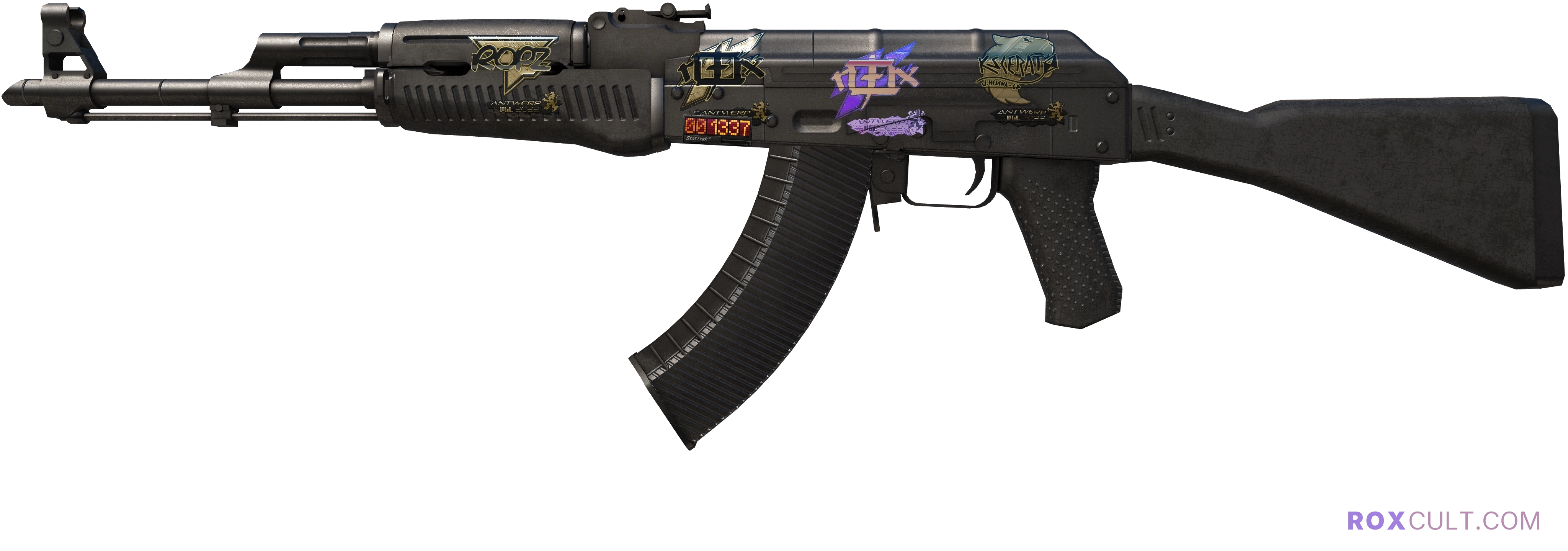 StatTrak™ AK-47 | Slate (Field-Tested) — rox (Holo) Antwerp 2022 craft, playside view with 1 rox (Holo) sticker