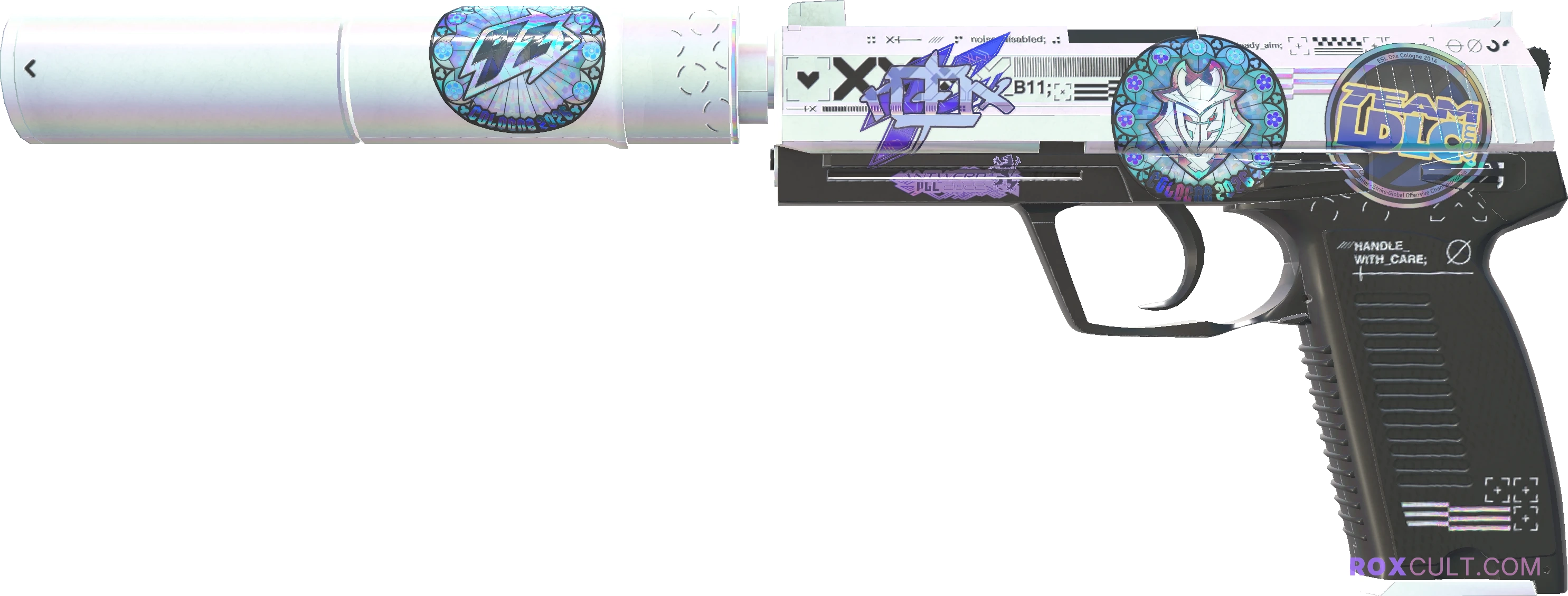 USP-S | Printstream (Minimal Wear) — rox (Holo) Antwerp 2022 craft, playside view with 1 rox (Holo) sticker
