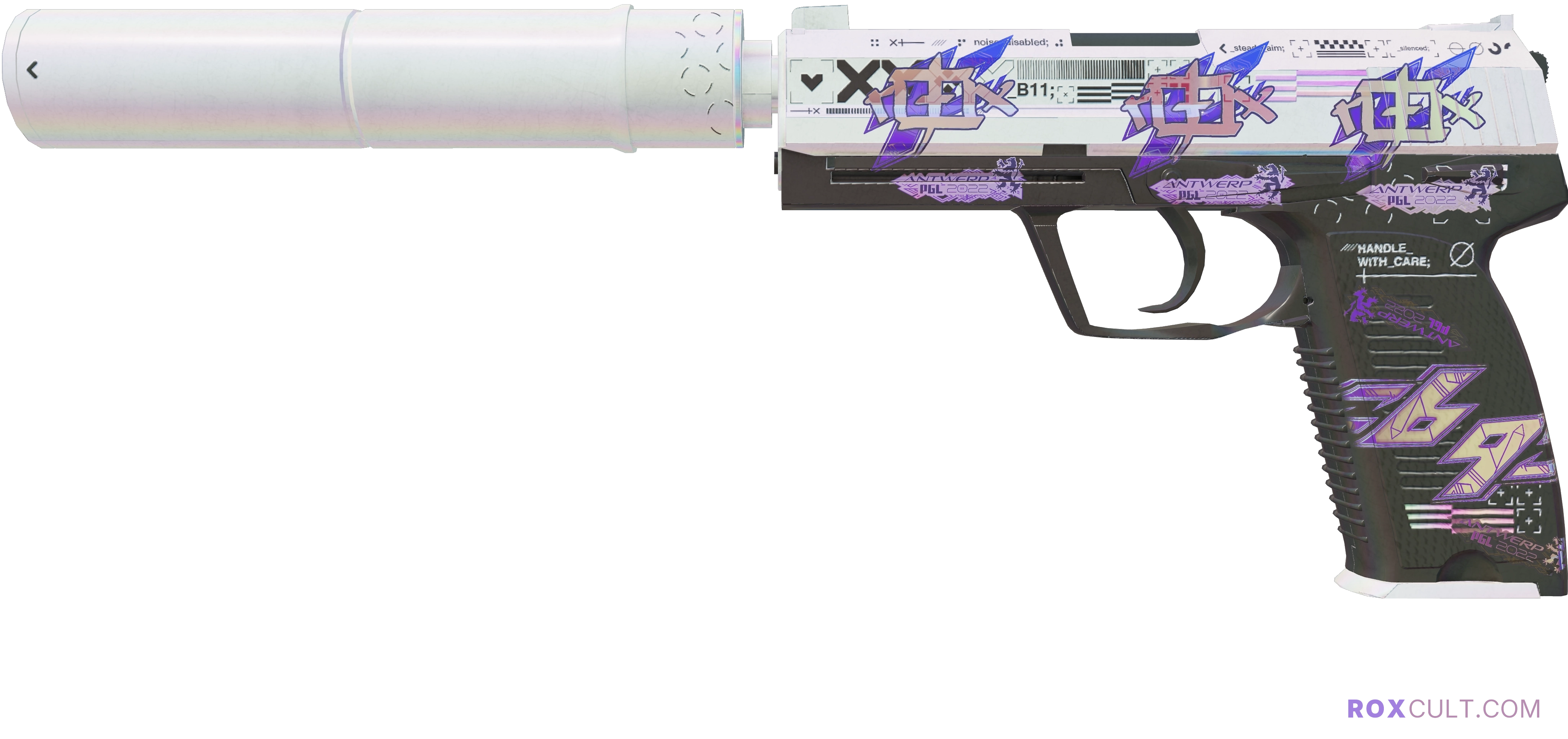 USP-S | Printstream (Field-Tested) — rox (Holo) Antwerp 2022 craft, playside view with 3 rox (Holo) stickers