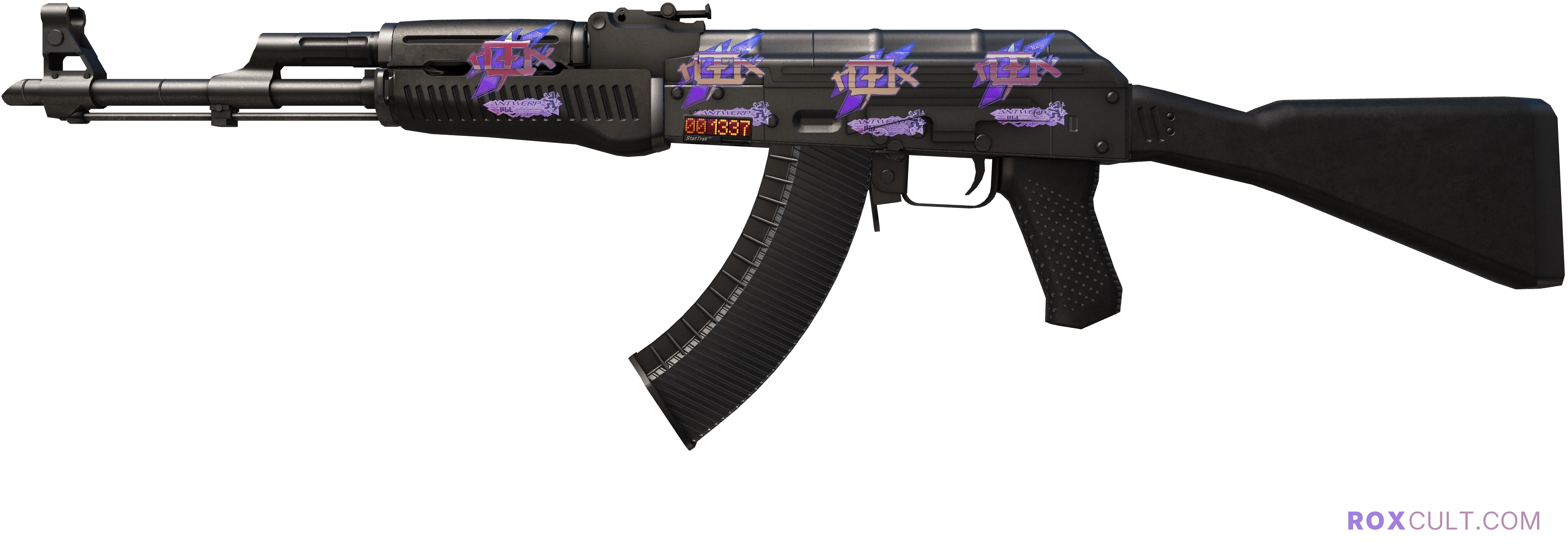 StatTrak™ AK-47 | Slate (Factory New) — rox (Holo) Antwerp 2022 craft, playside view with 4 rox (Holo) stickers