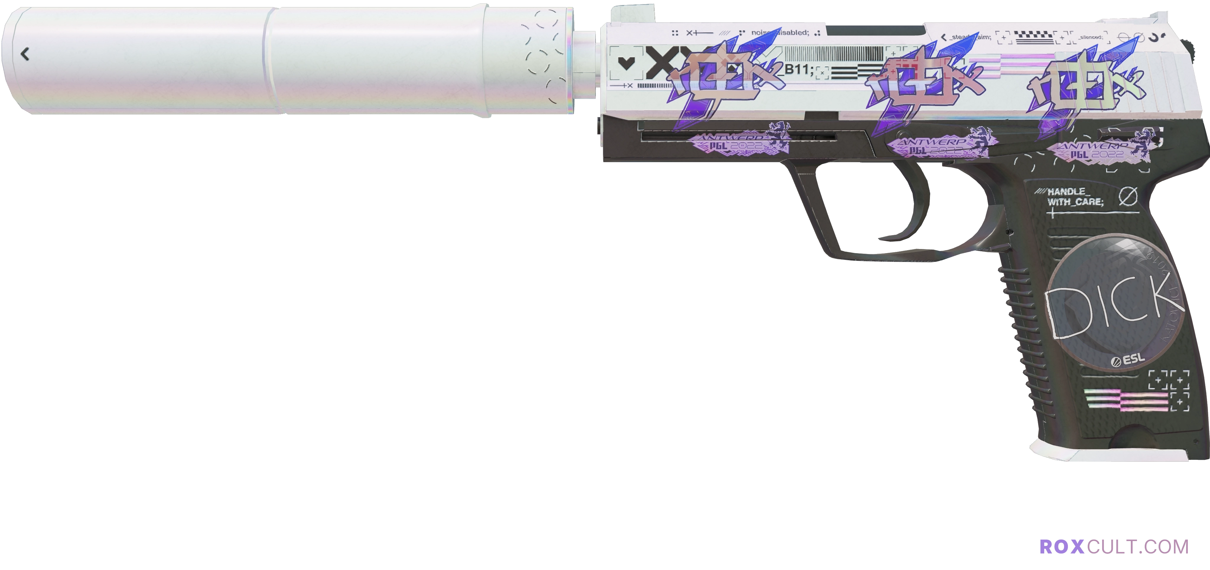 USP-S | Printstream (Field-Tested) — rox (Holo) Antwerp 2022 craft, playside view with 3 rox (Holo) stickers