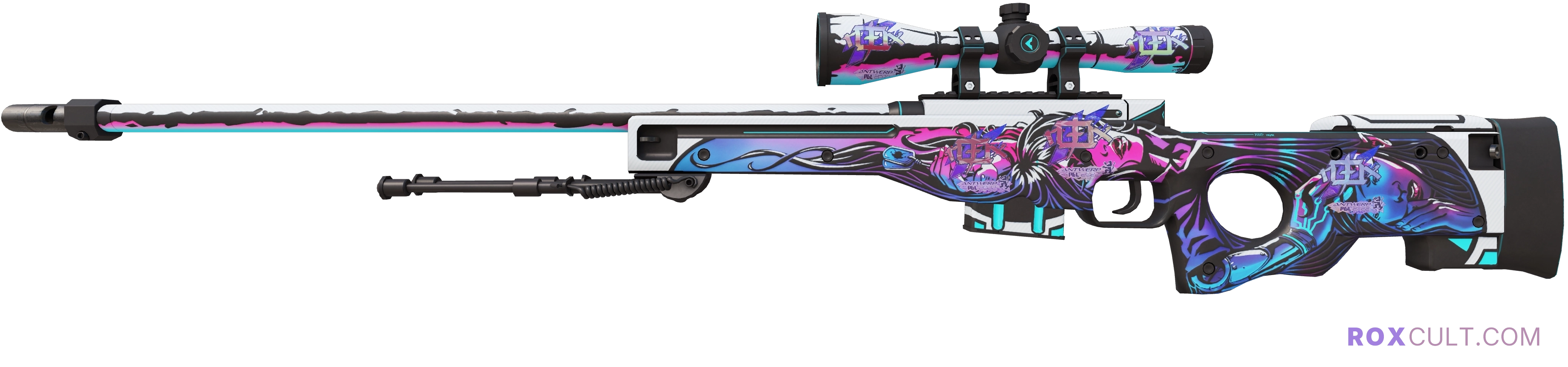 AWP | Neo-Noir (Factory New) — rox (Holo) Antwerp 2022 craft, playside view with 5 rox (Holo) stickers