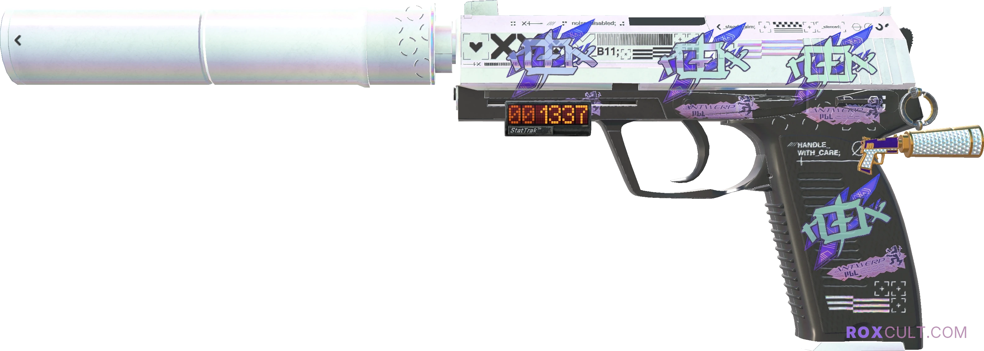 StatTrak™ USP-S | Printstream (Minimal Wear) — rox (Holo) Antwerp 2022 craft, playside view with 4 rox (Holo) stickers