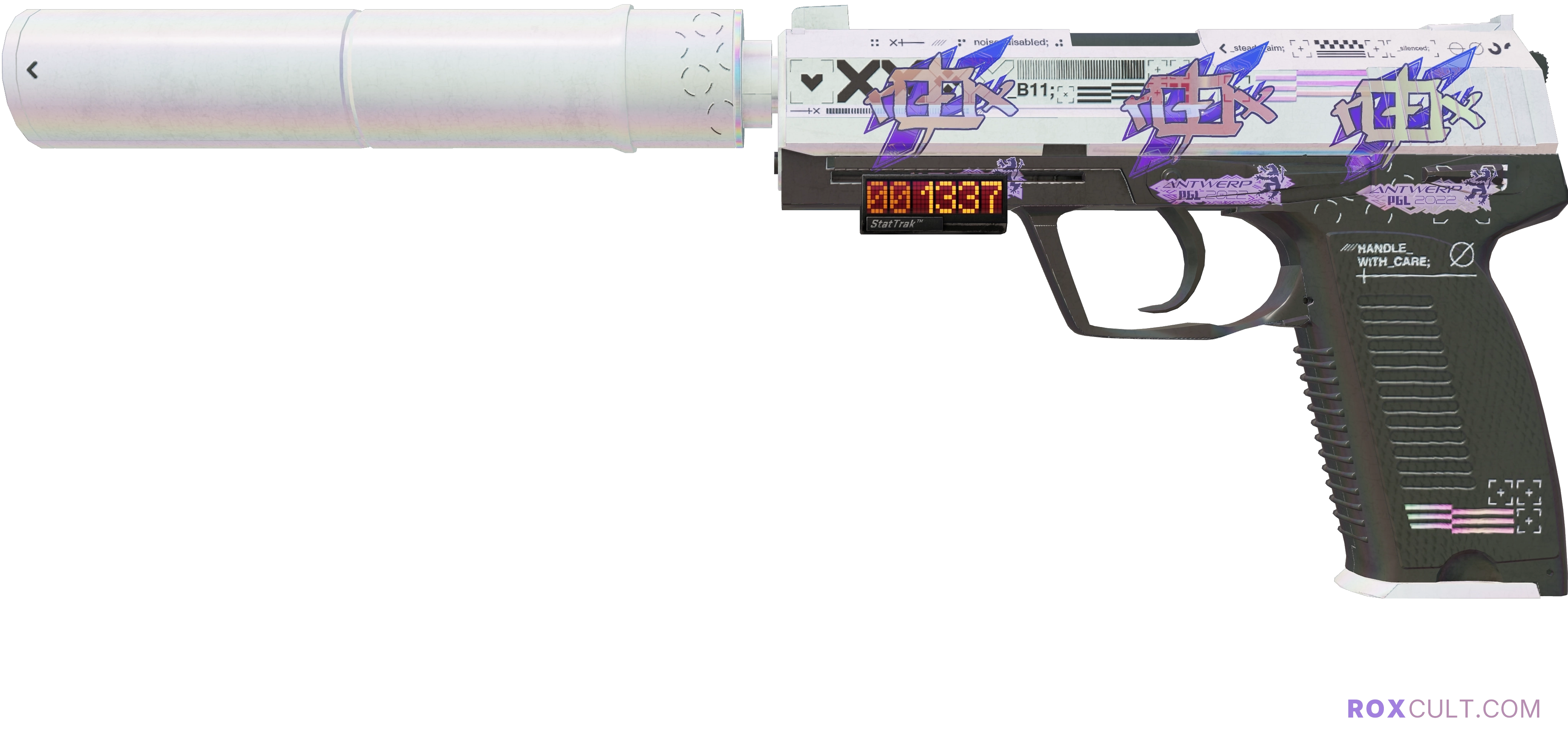 StatTrak™ USP-S | Printstream (Field-Tested) — rox (Holo) Antwerp 2022 craft, playside view with 3 rox (Holo) stickers