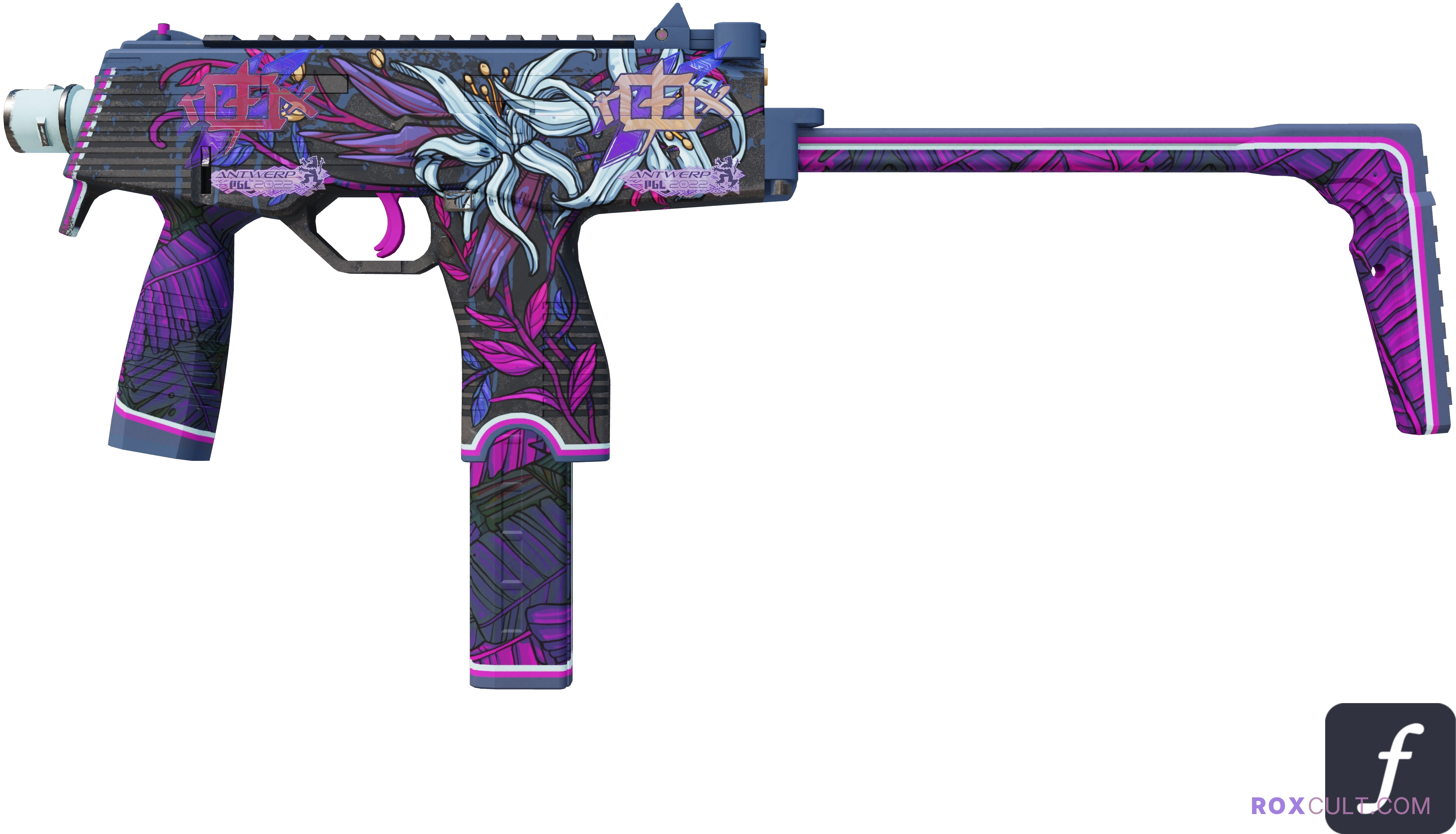 MP9 | Wild Lily (Minimal Wear) — rox (Holo) Antwerp 2022 craft, playside view with 2 rox (Holo) stickers