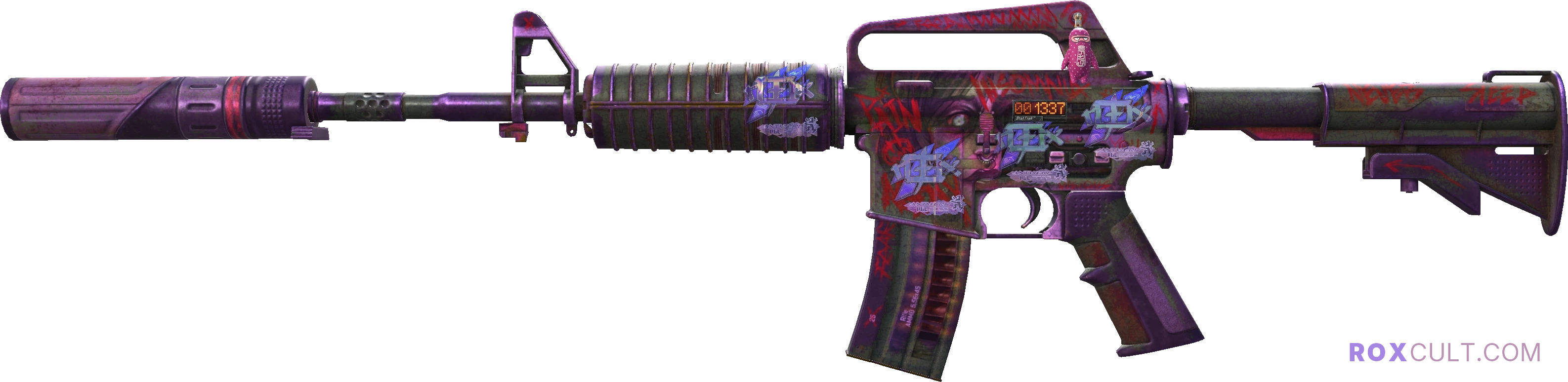 StatTrak™ M4A1-S | Night Terror (Battle-Scarred) — rox (Holo) Antwerp 2022 craft, playside view with 4 rox (Holo) stickers