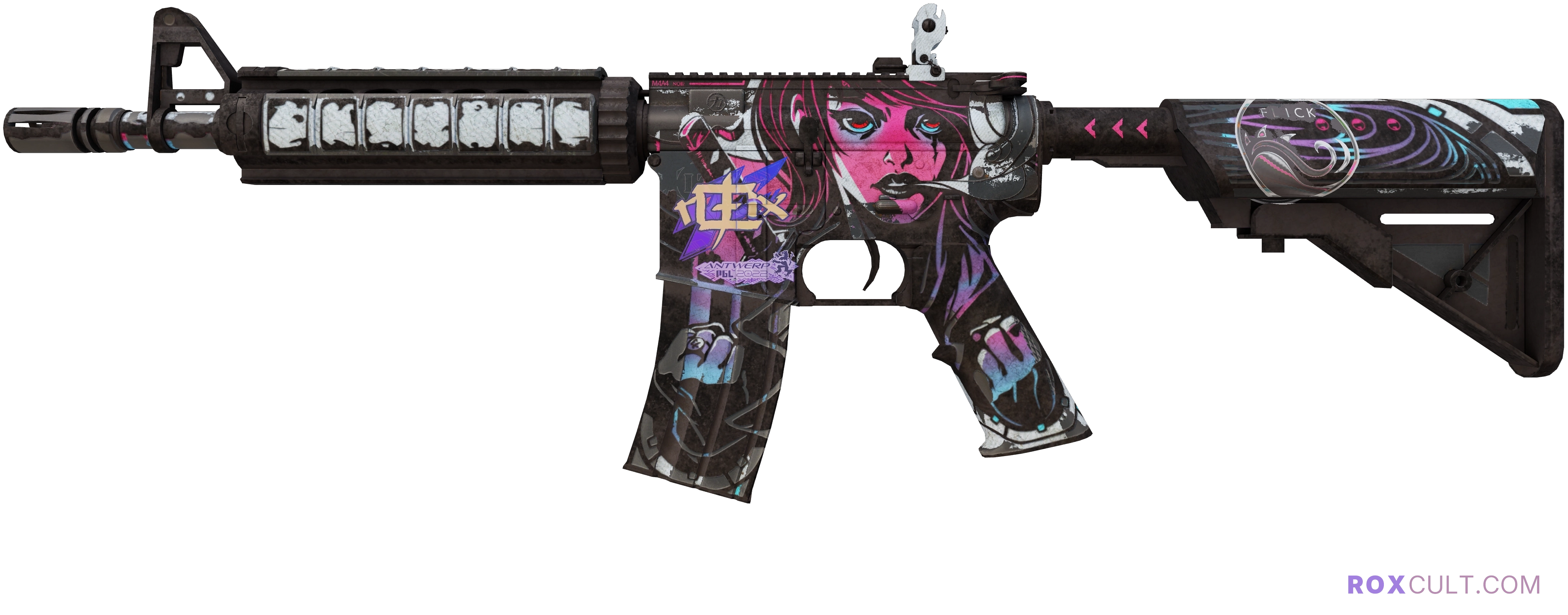 M4A4 | Neo-Noir (Battle-Scarred) — rox (Holo) Antwerp 2022 craft, playside view with 1 rox (Holo) sticker