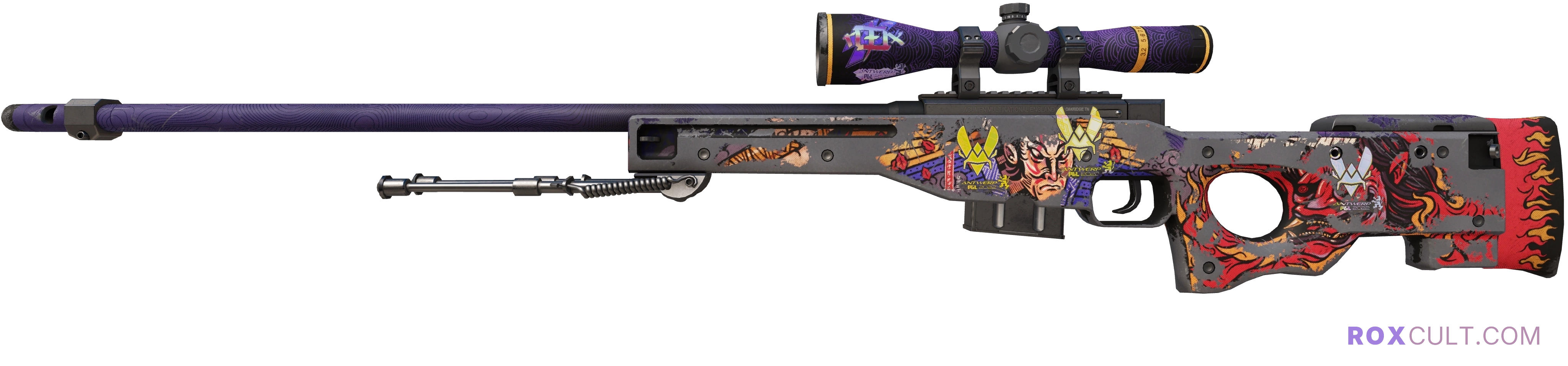 AWP | Oni Taiji (Battle-Scarred) — rox (Holo) Antwerp 2022 craft, playside view with 1 rox (Holo) sticker