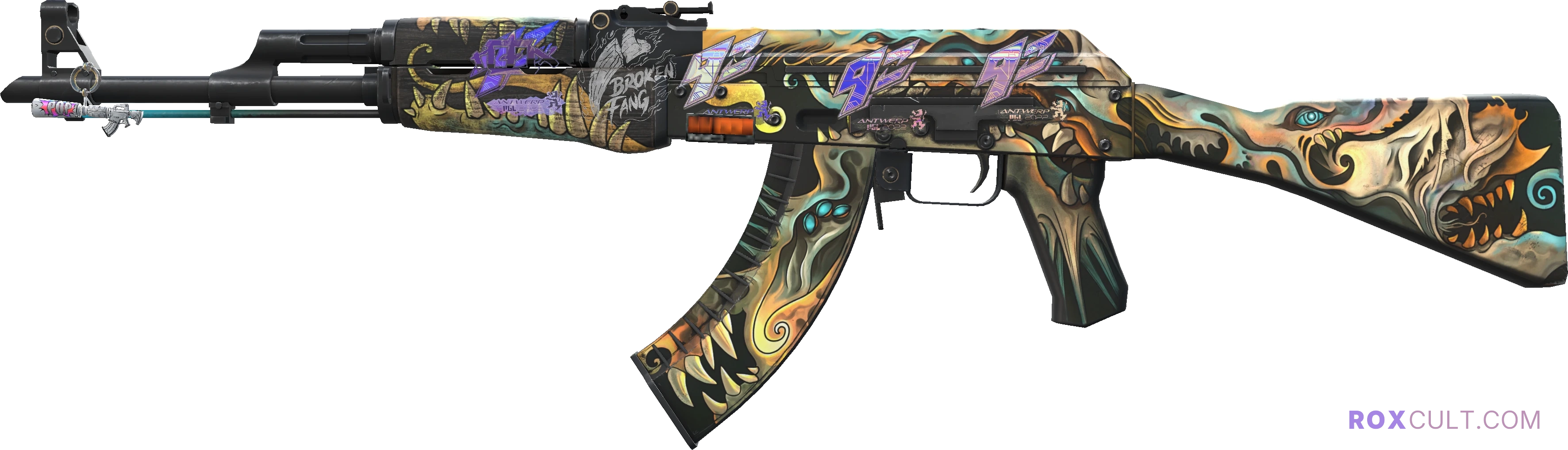 StatTrak™ AK-47 | Phantom Disruptor (Factory New) — rox (Holo) Antwerp 2022 craft, playside view with 1 rox (Holo) sticker