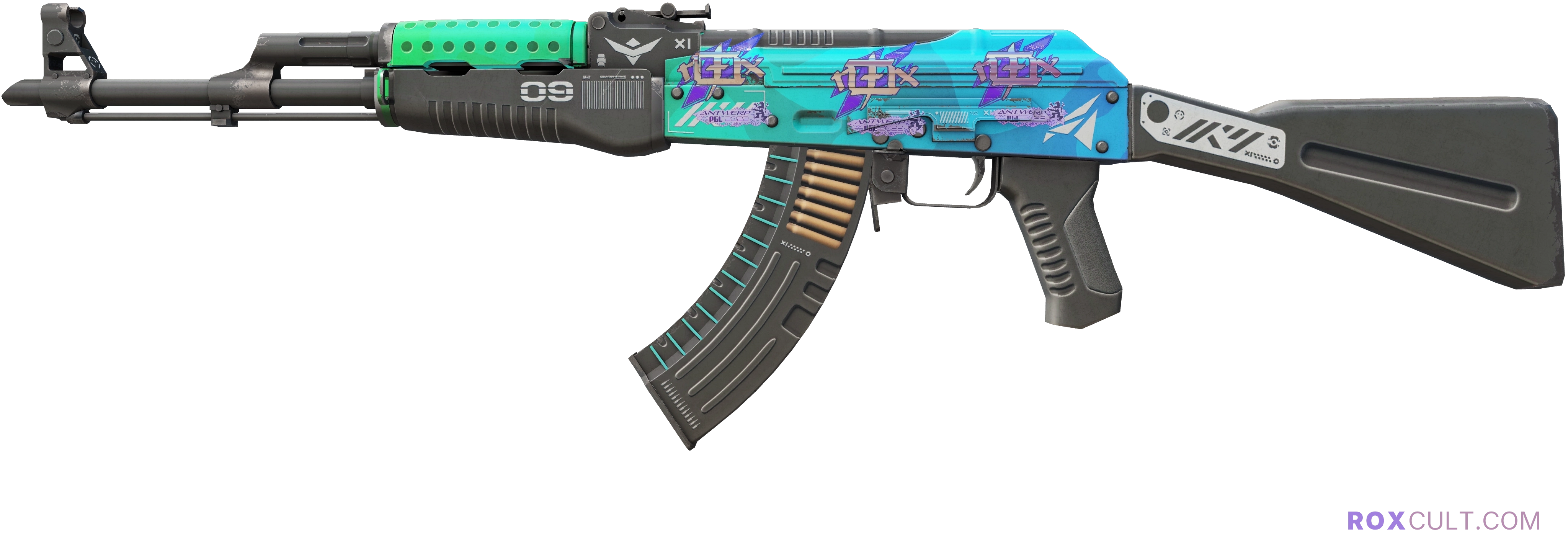 AK-47 | Ice Coaled (Field-Tested) — rox (Holo) Antwerp 2022 craft, playside view with 3 rox (Holo) stickers