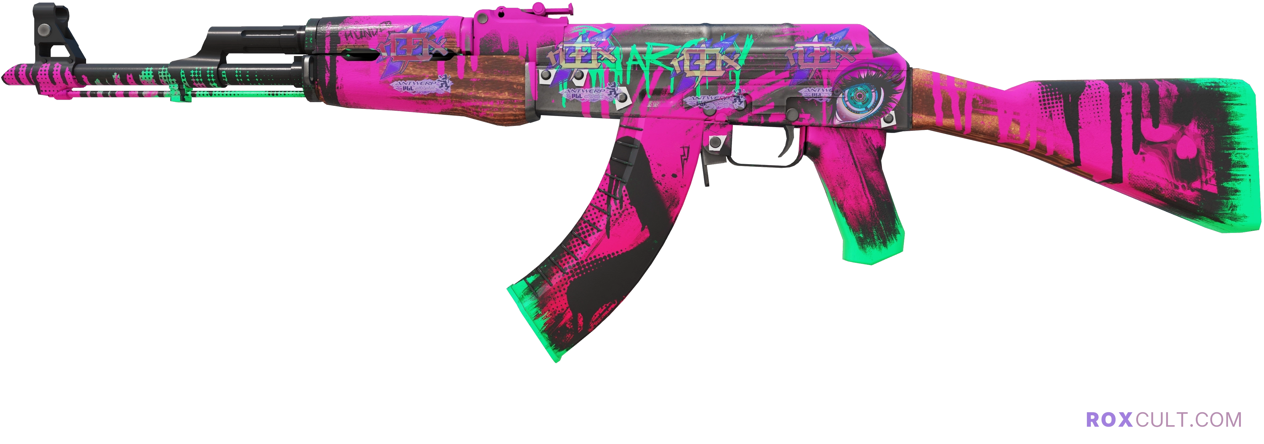 AK-47 | Neon Revolution (Factory New) — rox (Holo) Antwerp 2022 craft, playside view with 4 rox (Holo) stickers