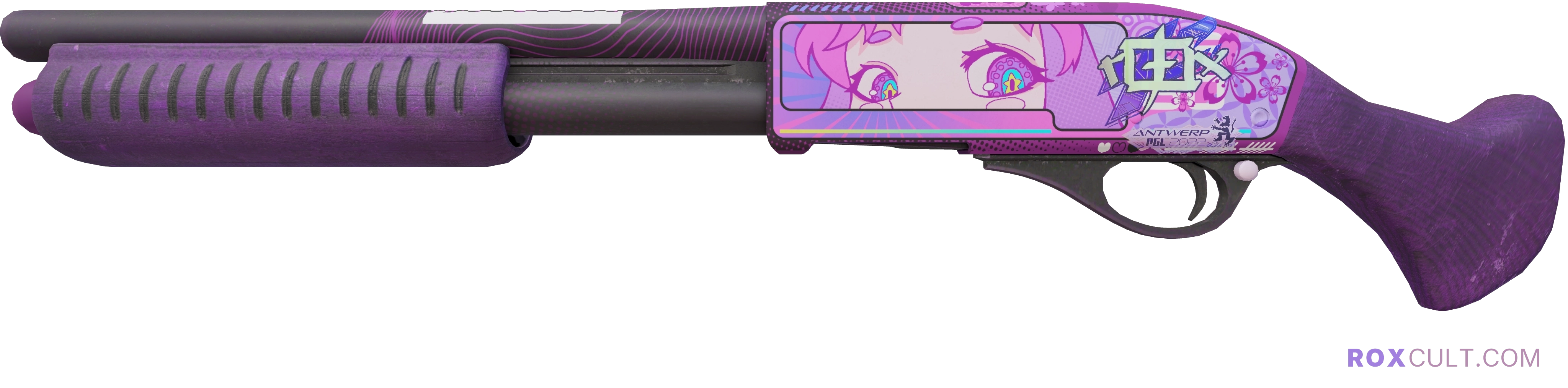 Sawed-Off | Kiss♥Love (Factory New) — rox (Holo) Antwerp 2022 craft, playside view with 1 rox (Holo) sticker