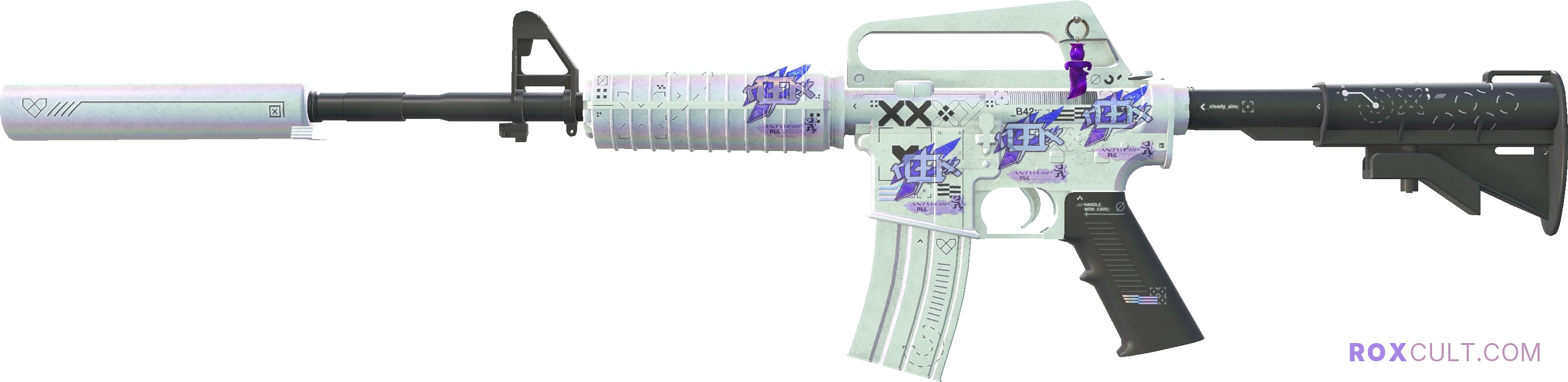 M4A1-S | Printstream (Field-Tested) — rox (Holo) Antwerp 2022 craft, playside view with 4 rox (Holo) stickers