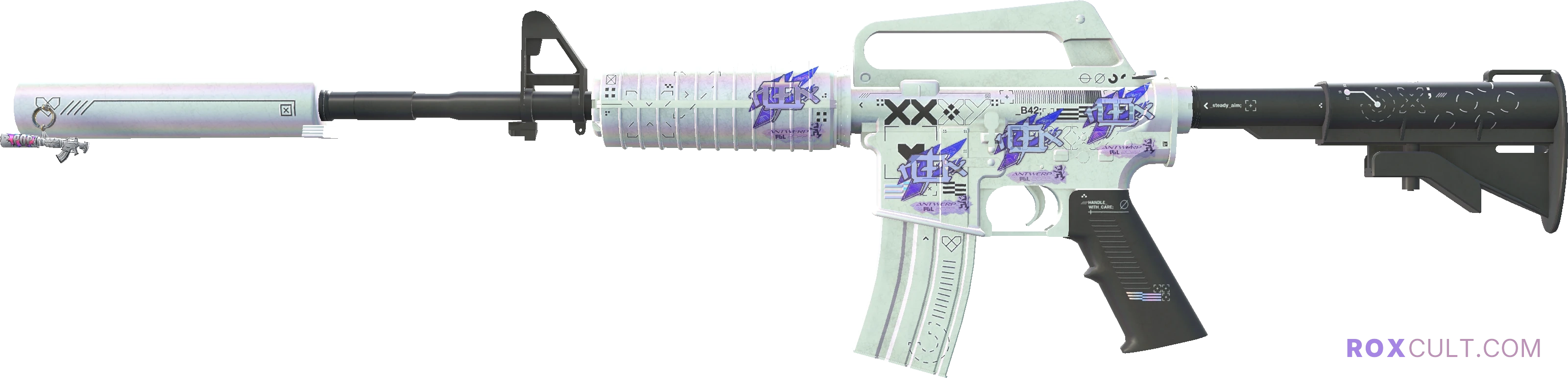 M4A1-S | Printstream (Minimal Wear) — rox (Holo) Antwerp 2022 craft, playside view with 4 rox (Holo) stickers