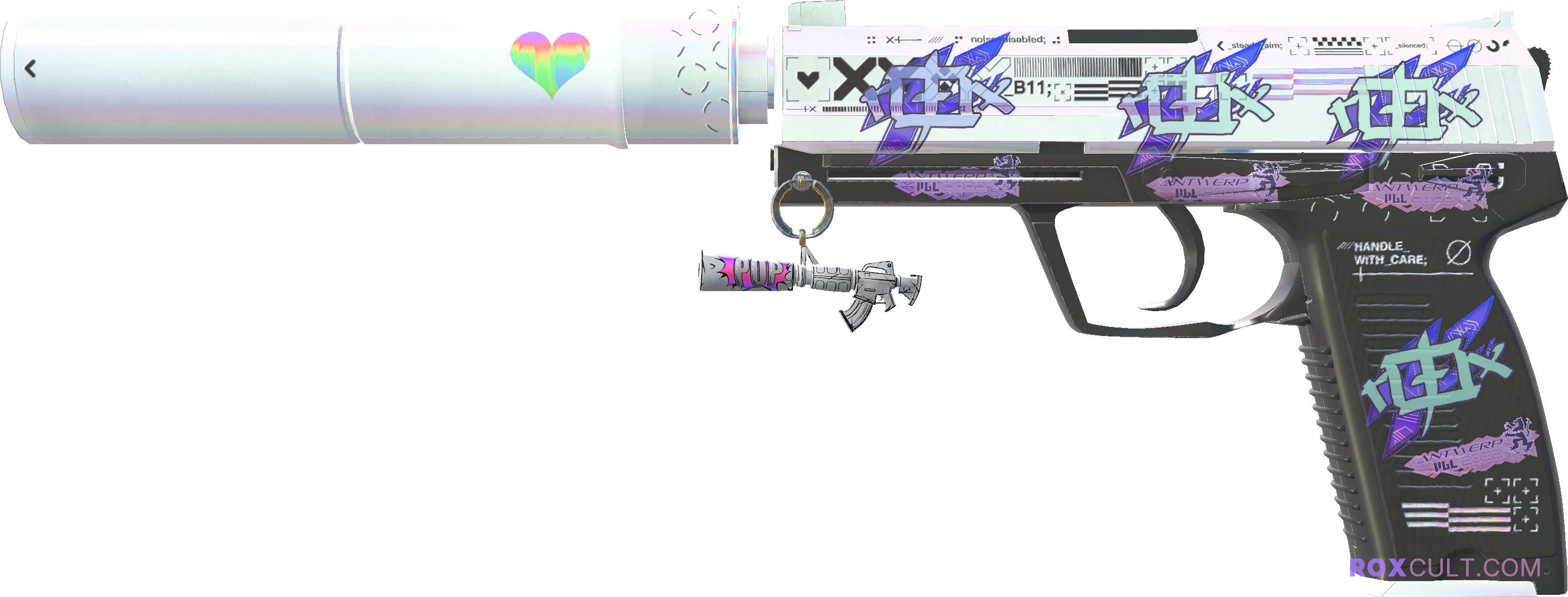 USP-S | Printstream (Factory New) — rox (Holo) Antwerp 2022 craft, playside view with 4 rox (Holo) stickers