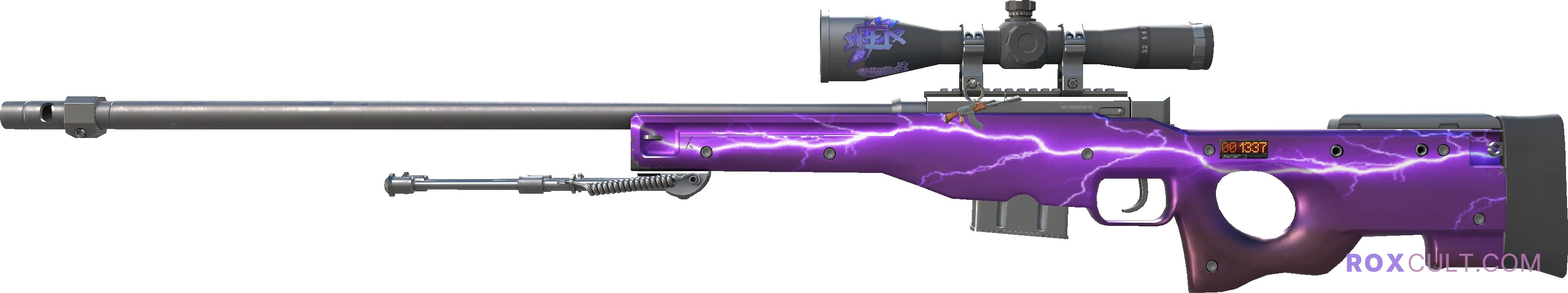 StatTrak™ AWP | Lightning Strike (Factory New) — rox (Holo) Antwerp 2022 craft, playside view with 1 rox (Holo) sticker